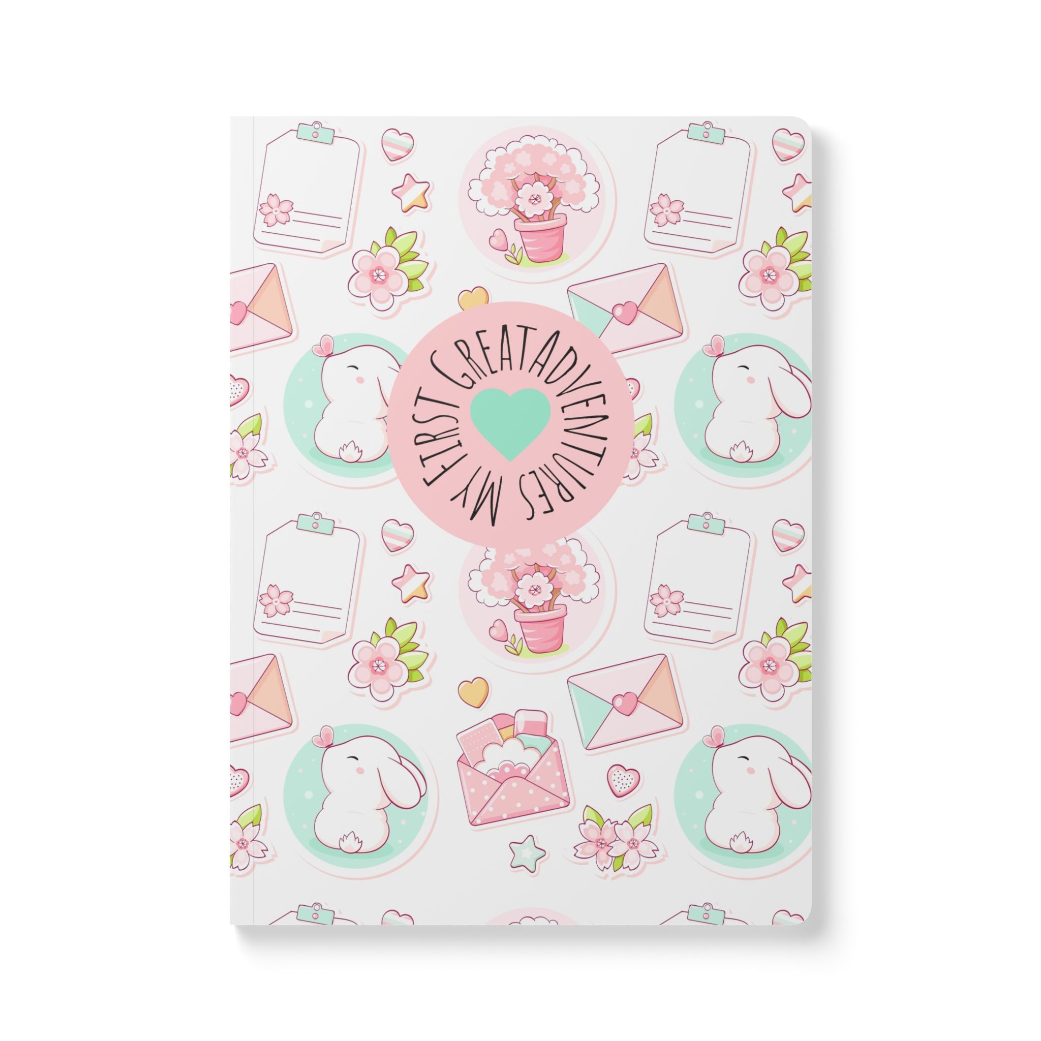 Cute Pastel Bunny Softcover Journal  | My Great Adventures Floral & Letter Pattern