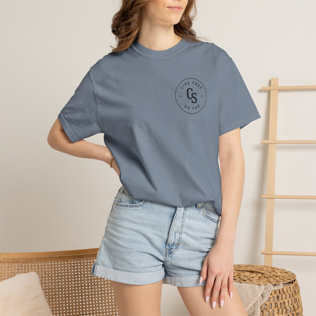 Live Free Go Far CS Logo T-Shirt | Circular Badge Chest & Back Print