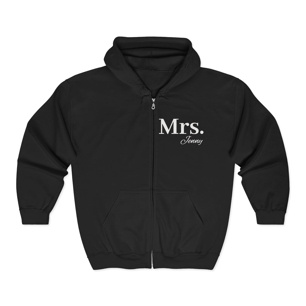 Mrs. Custom Name Full-Zip Hoodie — Personalized Newlywed Gift