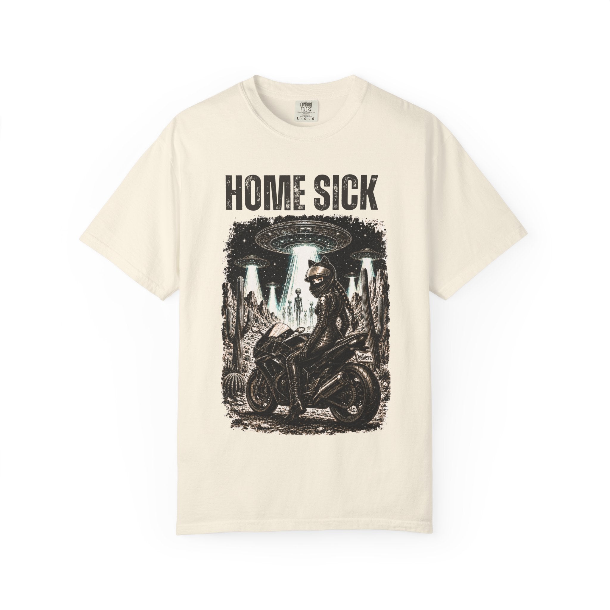 Home Sick Motorcycle UFO T‑Shirt — Alien Abduction Biker Graphic Tee
