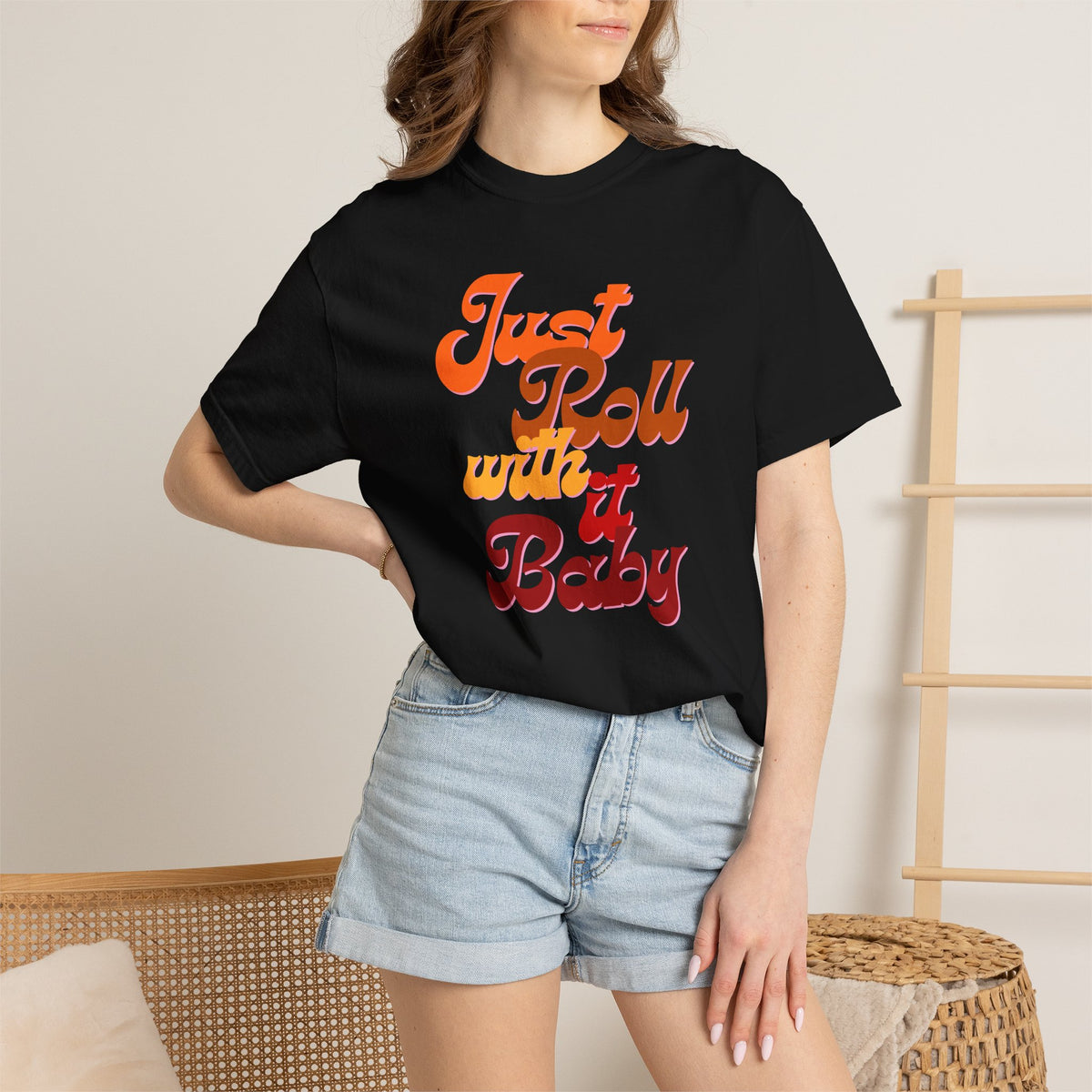 Just Roll With It Baby T-Shirt — Retro Script Graphic Tee