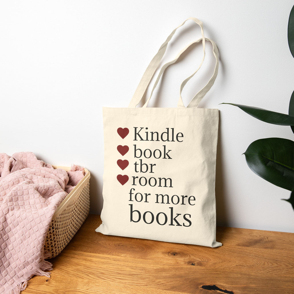 Book Lover Canvas Tote — "Kindle • book • tbr • room for more books"