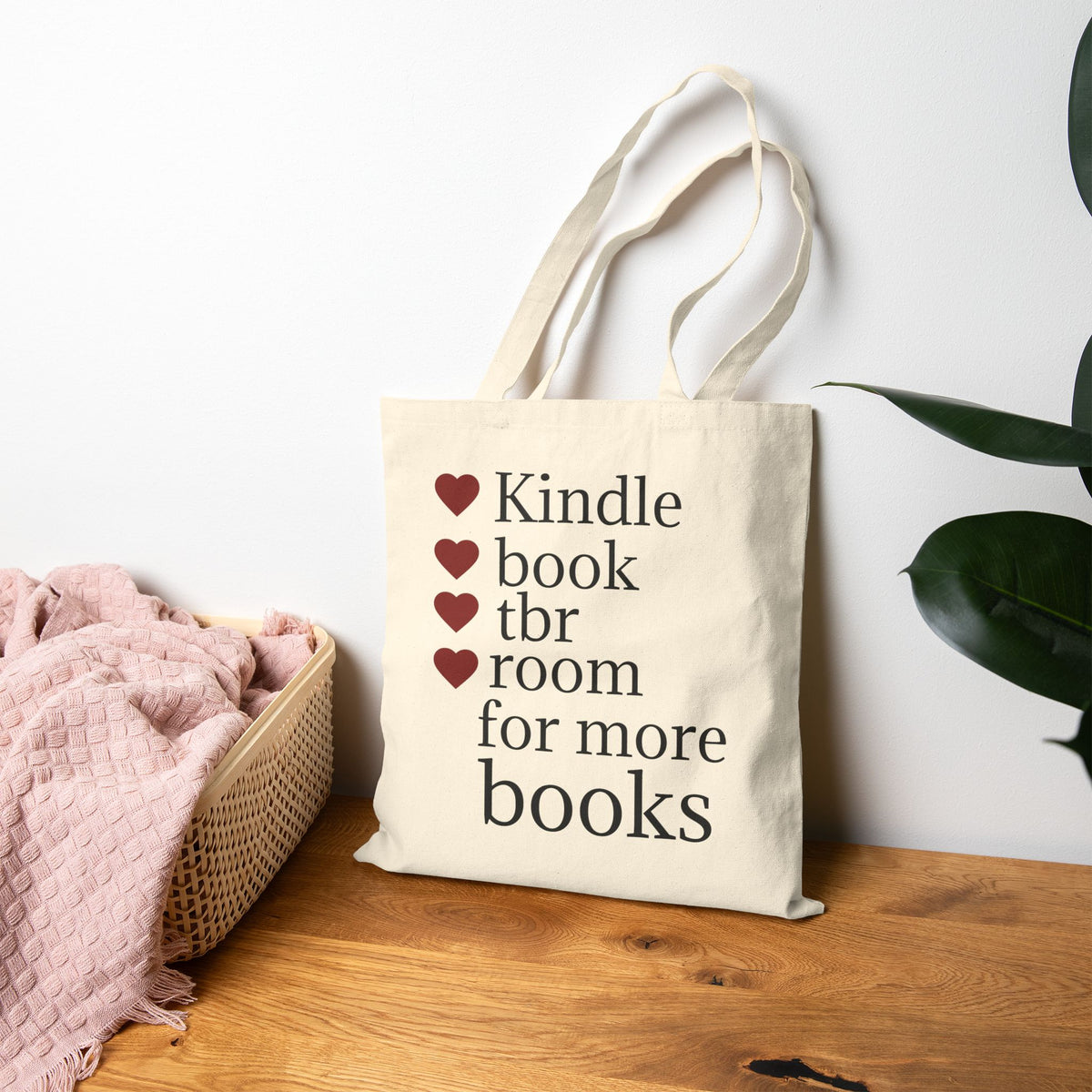 Book Lover Canvas Tote — "Kindle • book • tbr • room for more books"