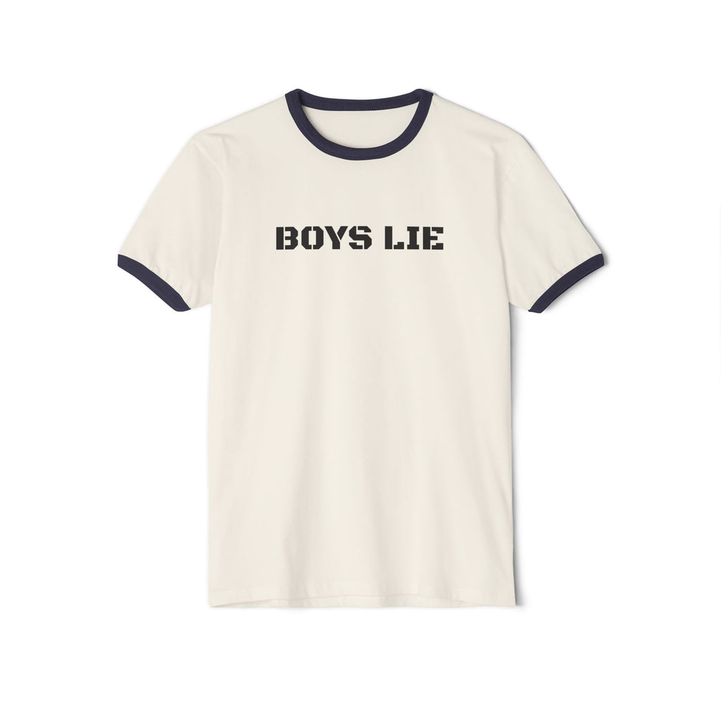 Boys Lie Vintage-Stencil Ringer Tee — Playful Retro Graphic T-Shirt