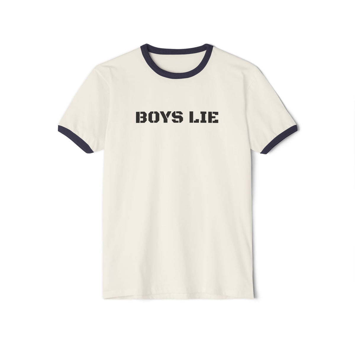 Boys Lie Vintage-Stencil Ringer Tee — Playful Retro Graphic T-Shirt