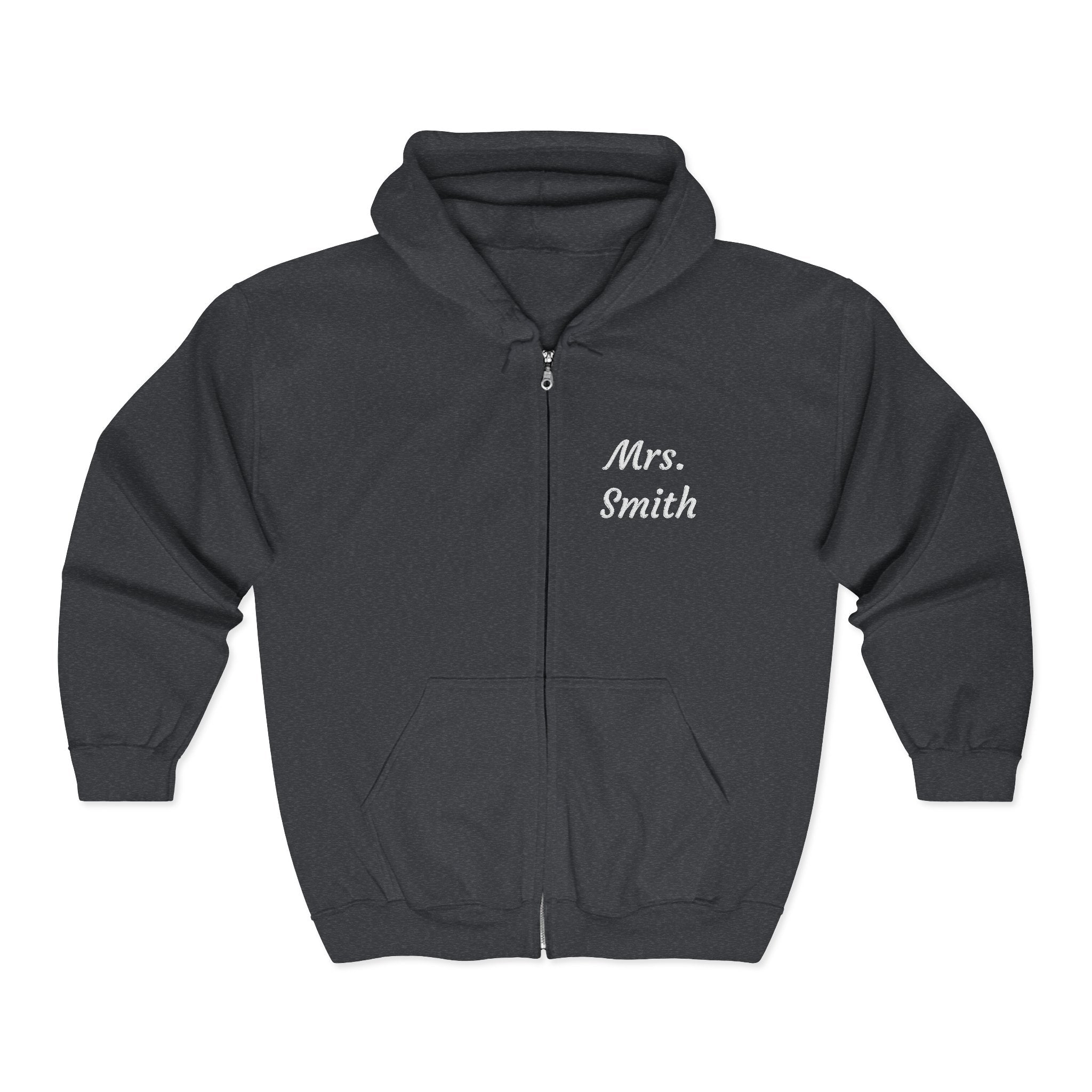 Personalized Mrs. Smith Embroidered Zip-Up Hoodie — Custom Teacher & Bride Gift