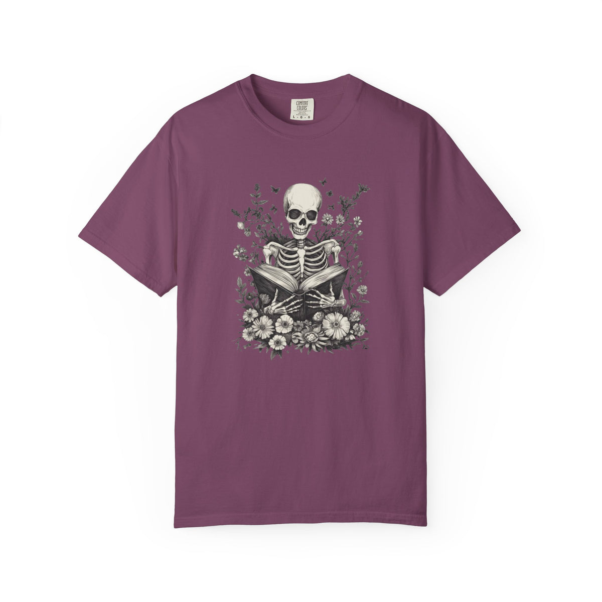 Skeleton Reading Among Flowers T-Shirt — Gothic Book Lover Tee