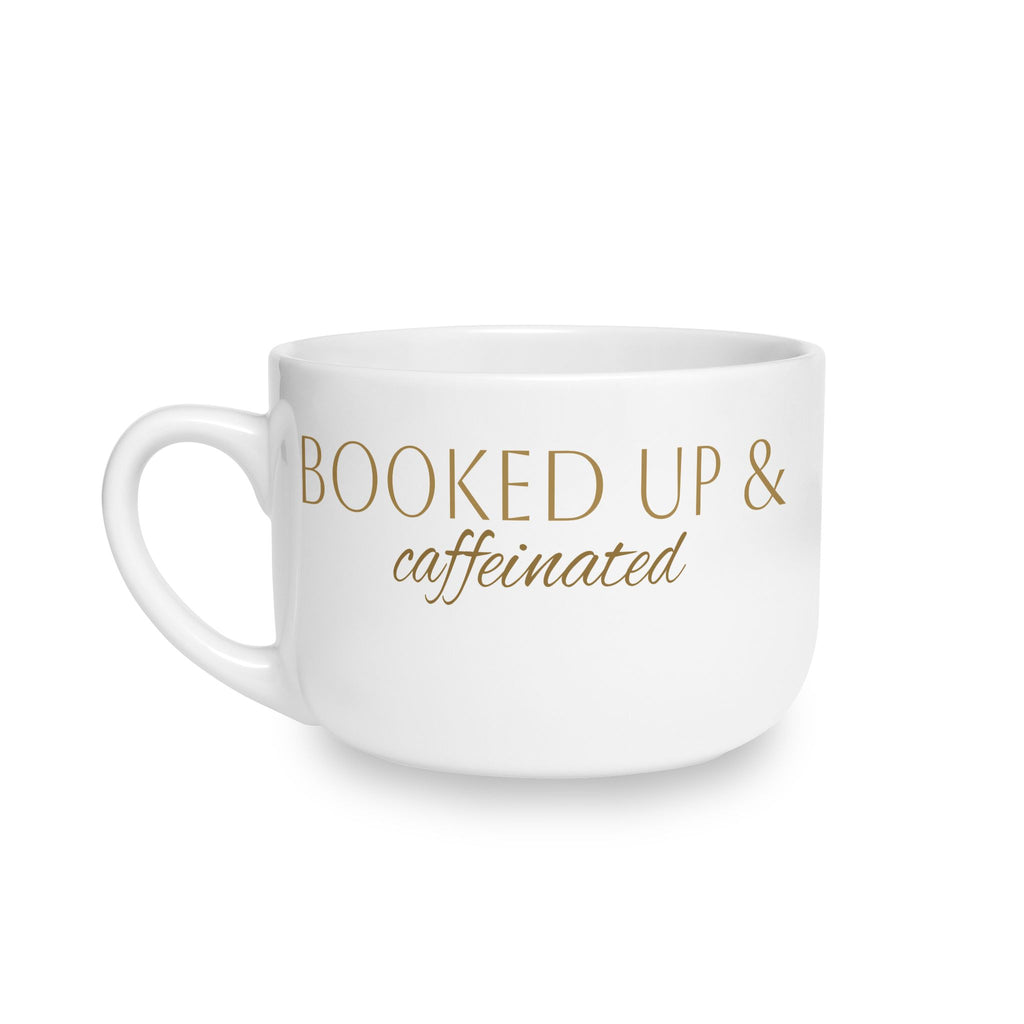 Latte Mug — “Booked Up & Caffeinated” White 25oz Ceramic Coffee Cup