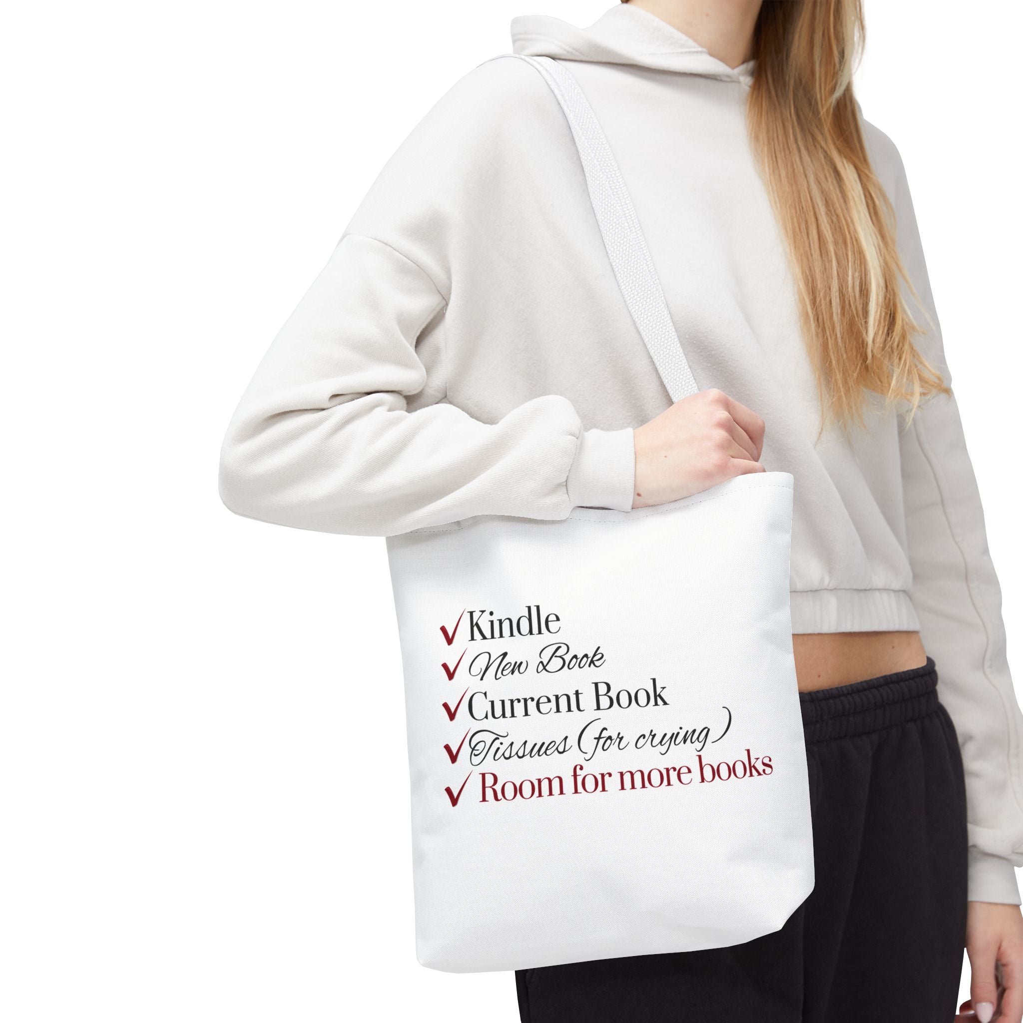 Tote Bag — "Checklist for Readers: Kindle, New Book, Current Book, Tissues, Room for More Books"