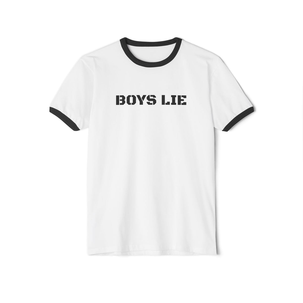 Boys Lie Vintage-Stencil Ringer Tee — Playful Retro Graphic T-Shirt