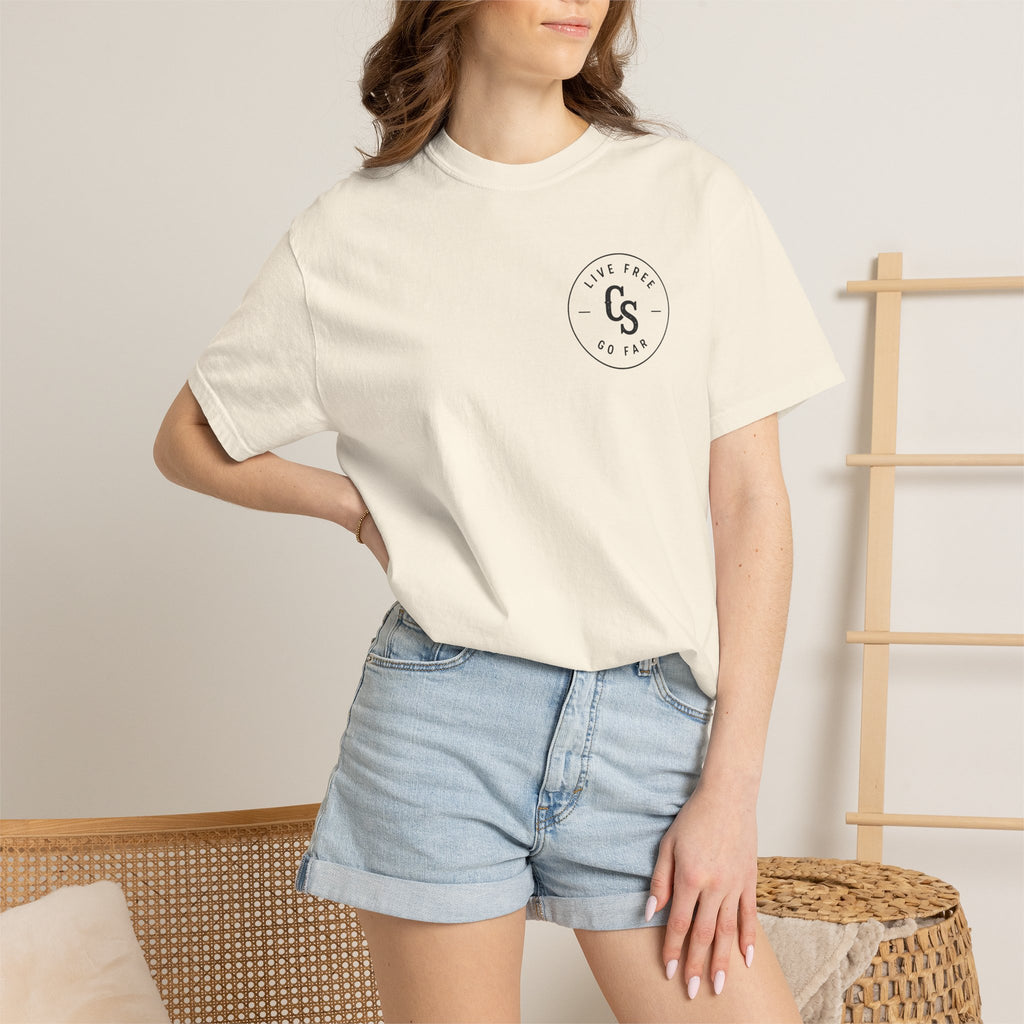 Live Free Go Far CS Logo T-Shirt | Circular Badge Chest & Back Print