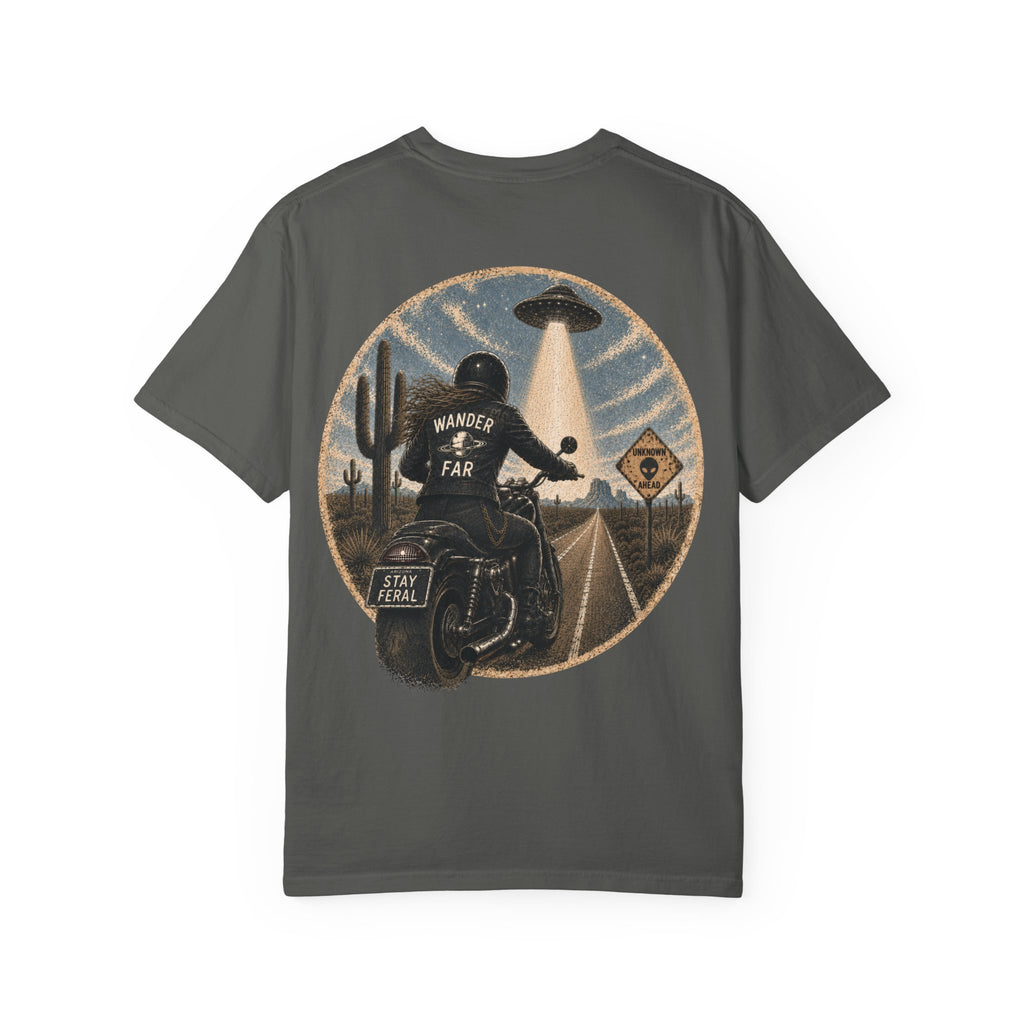 Alien Abduction Motorcycle T‑Shirt — Sci‑Fi Desert Rider Tee