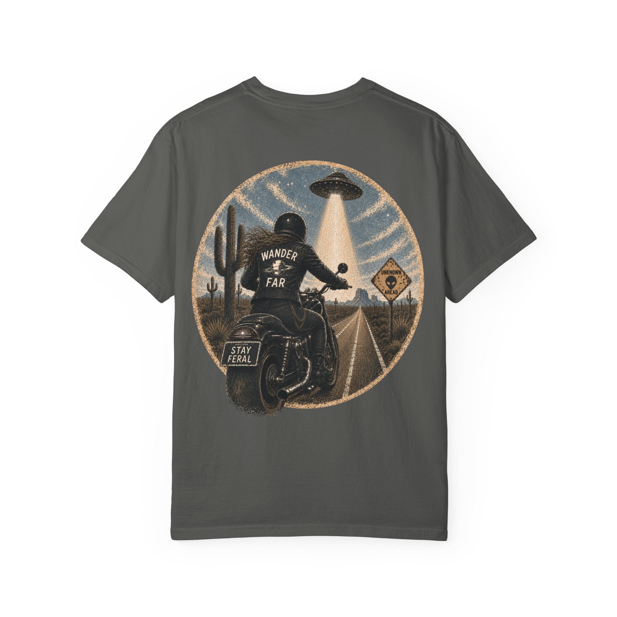 Alien Abduction Motorcycle T‑Shirt — Sci‑Fi Desert Rider Tee