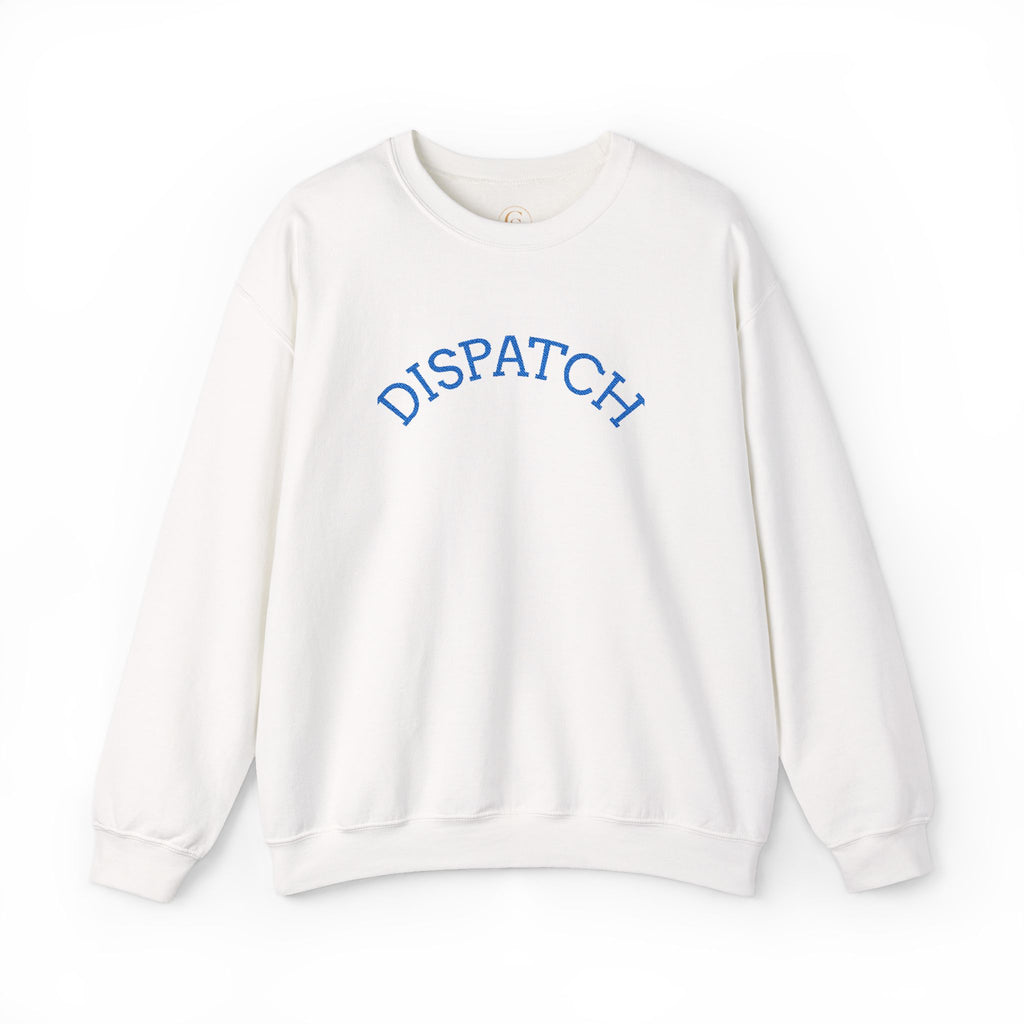Dispatch Crewneck Sweatshirt — Minimal Pullover with Blue Arched Text