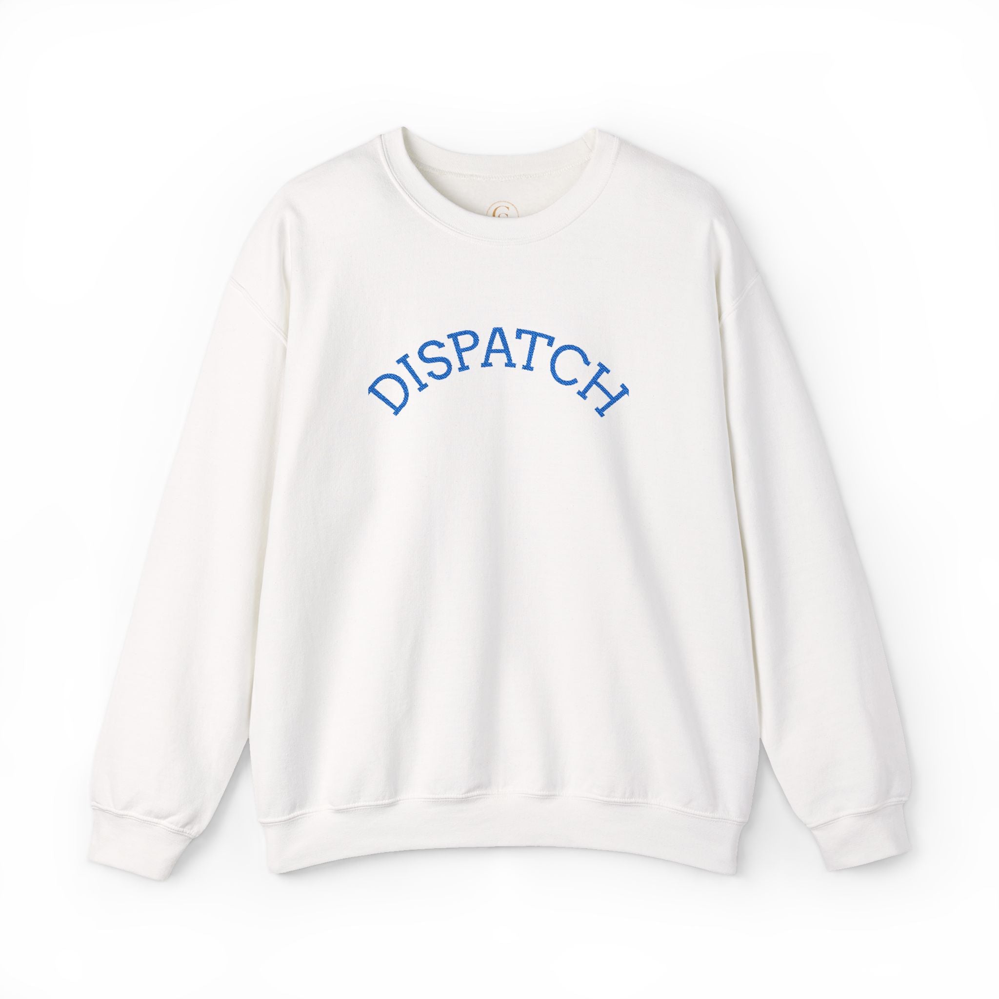 Dispatch Crewneck Sweatshirt — Minimal Pullover with Blue Arched Text