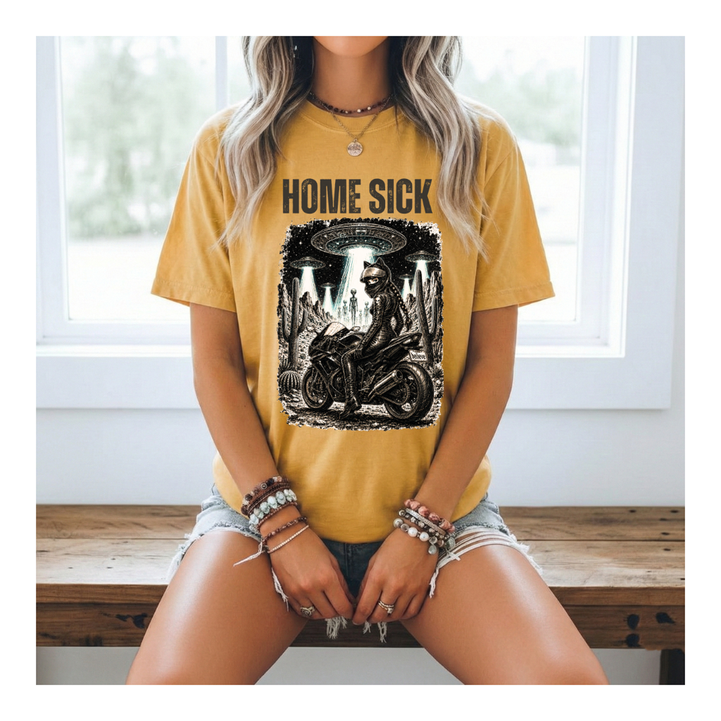 Home Sick Motorcycle UFO T‑Shirt — Alien Abduction Biker Graphic Tee