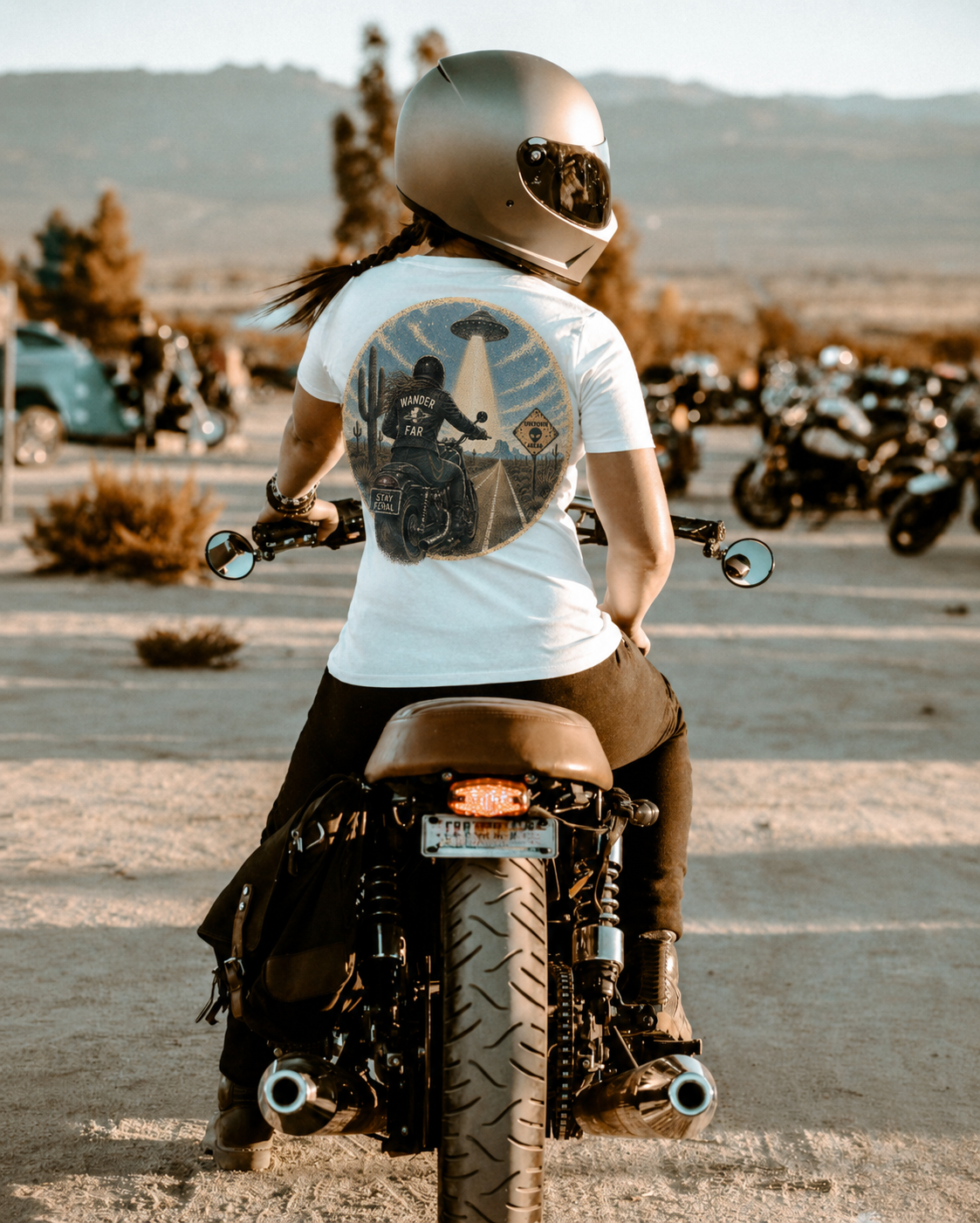 Alien Abduction Motorcycle T‑Shirt — Sci‑Fi Desert Rider Tee