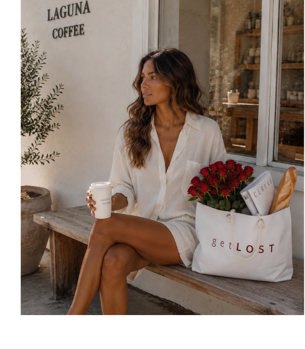 Get Lost Weekender Bag – White Canvas Travel Tote with Red Typography