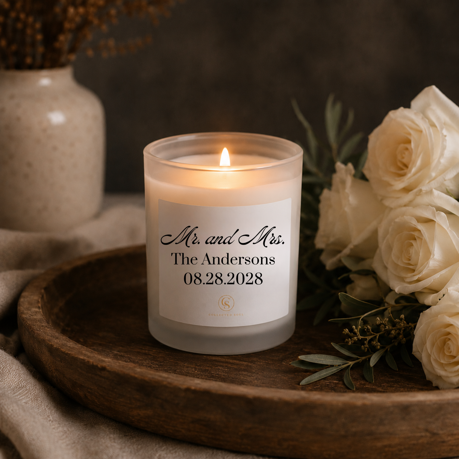 Personalized 'Mr. and Mrs.' Frosted Glass Wedding Candle — 11oz (Custom Name & Date)