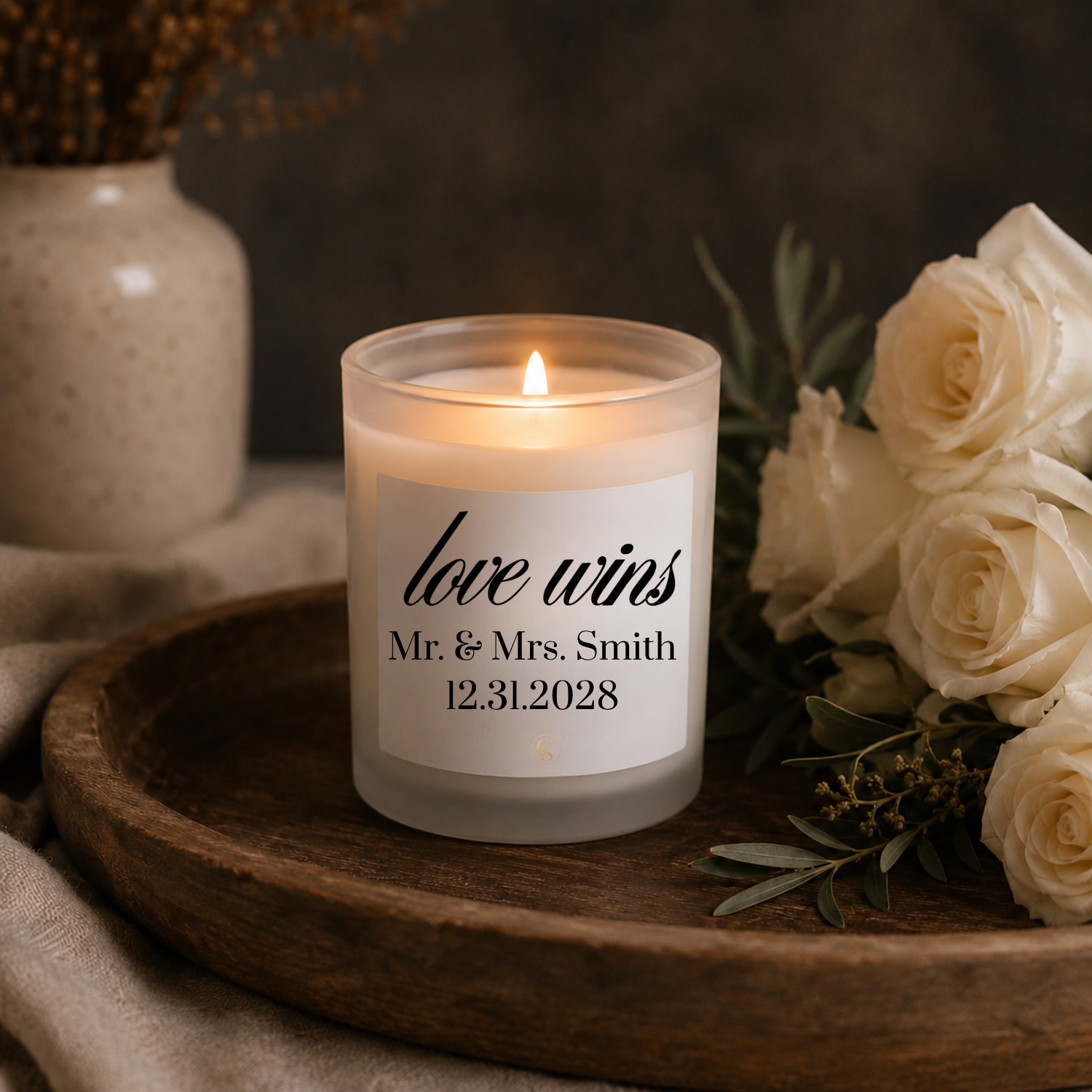 Personalized “Love Wins” Frosted Glass Candle — 11 oz Wedding & Anniversary Gift