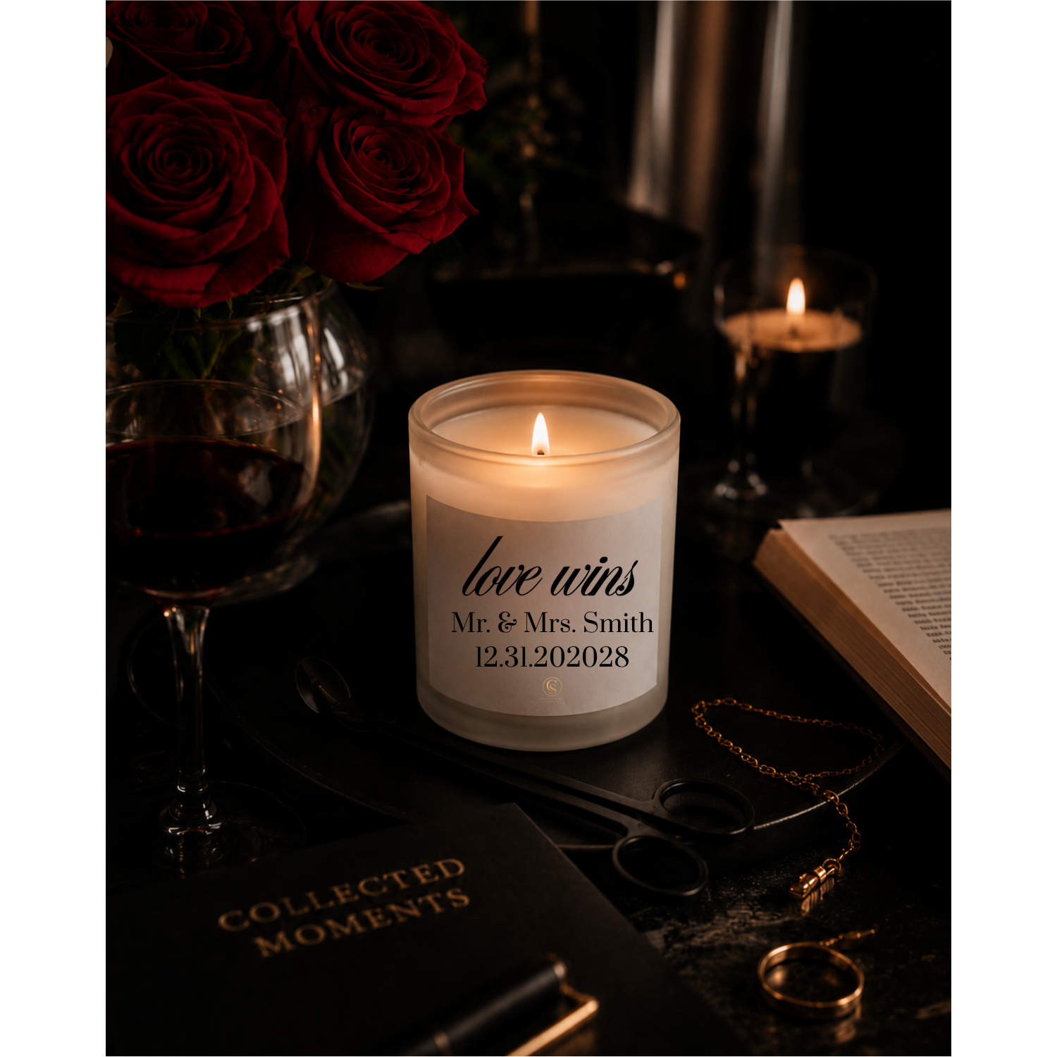 Personalized “Love Wins” Frosted Glass Candle — 11 oz Wedding & Anniversary Gift