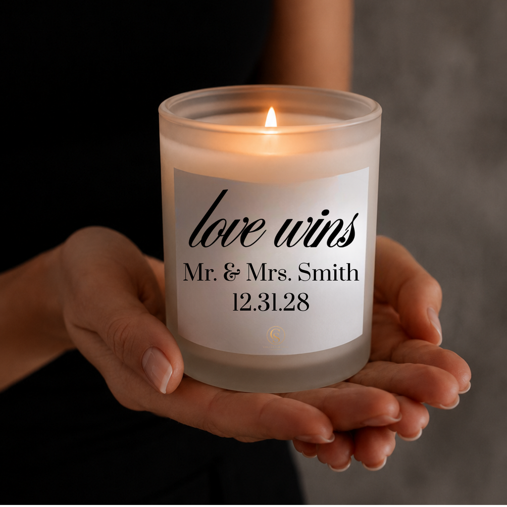 Personalized “Love Wins” Frosted Glass Candle — 11 oz Wedding & Anniversary Gift
