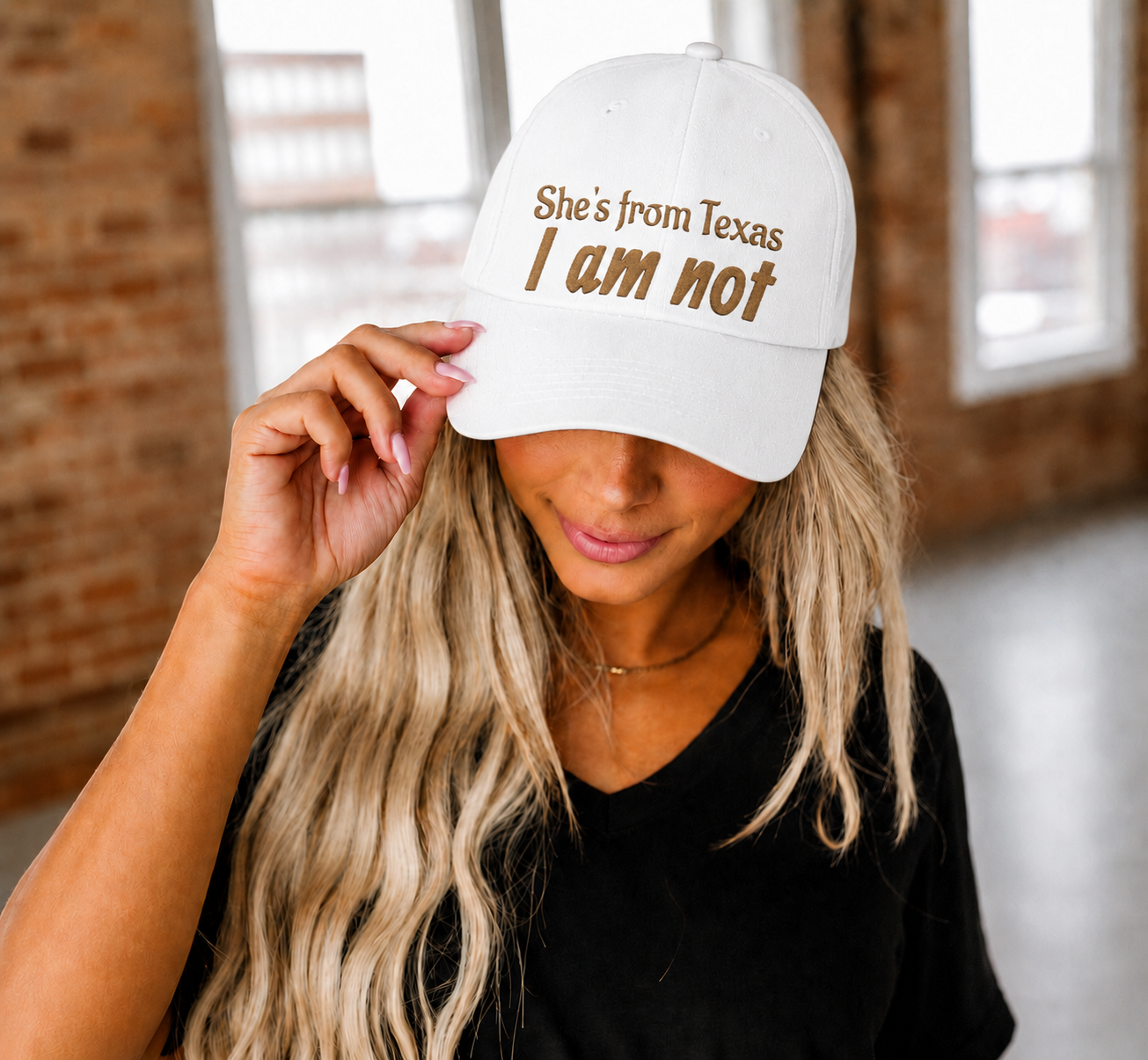 She's From Texas, I Am Not — Low Profile Embroidered Baseball Cap