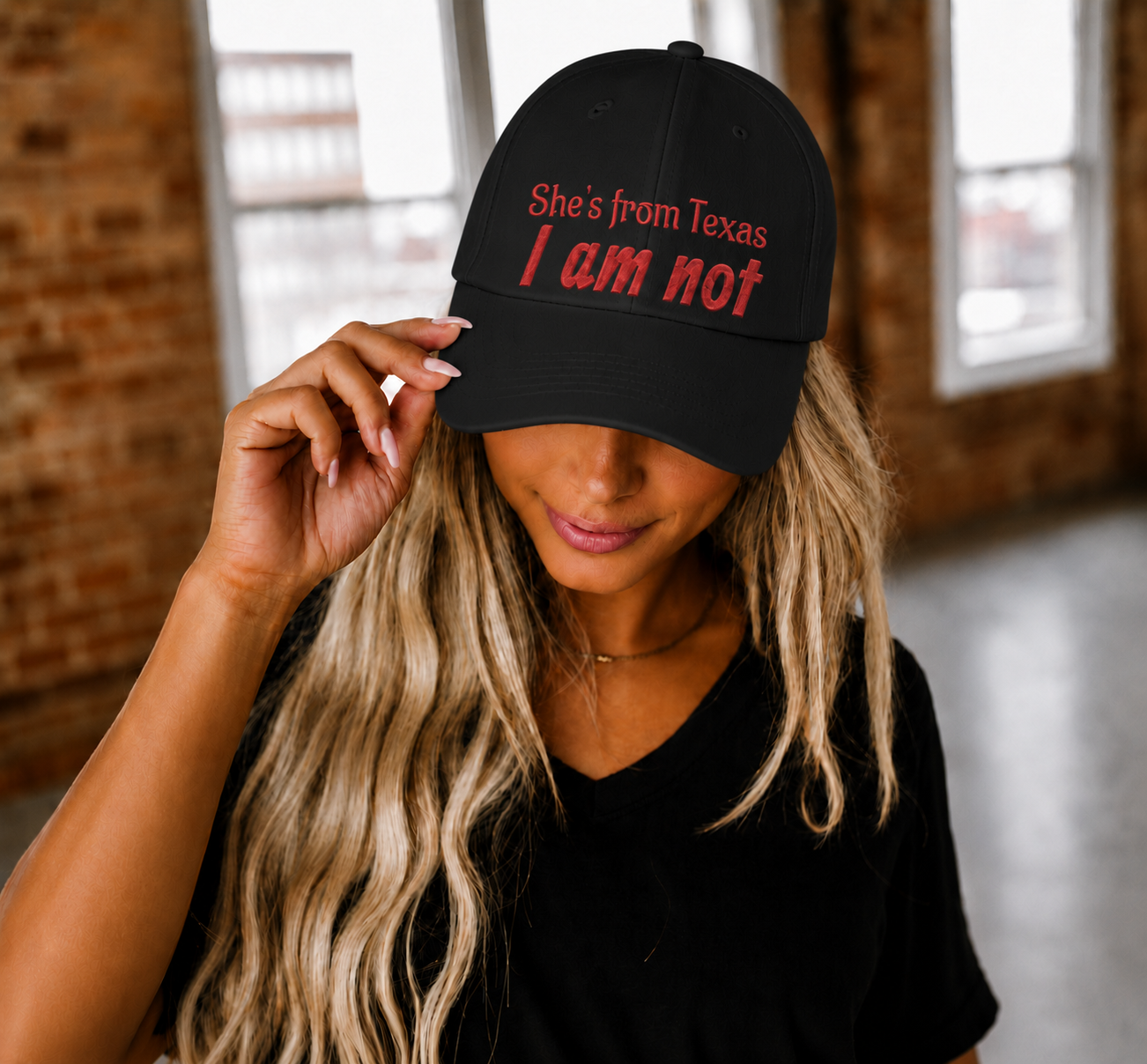 She's From Texas, I Am Not — Low Profile Embroidered Baseball Cap (Red)