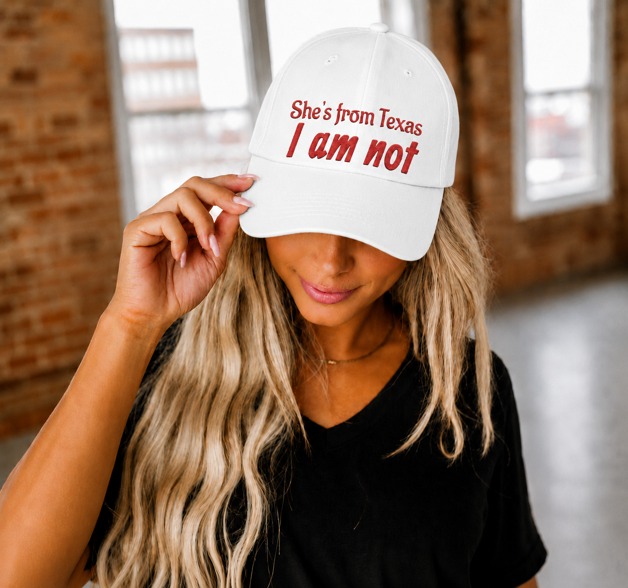 She's From Texas, I Am Not — Low Profile Embroidered Baseball Cap (Red)