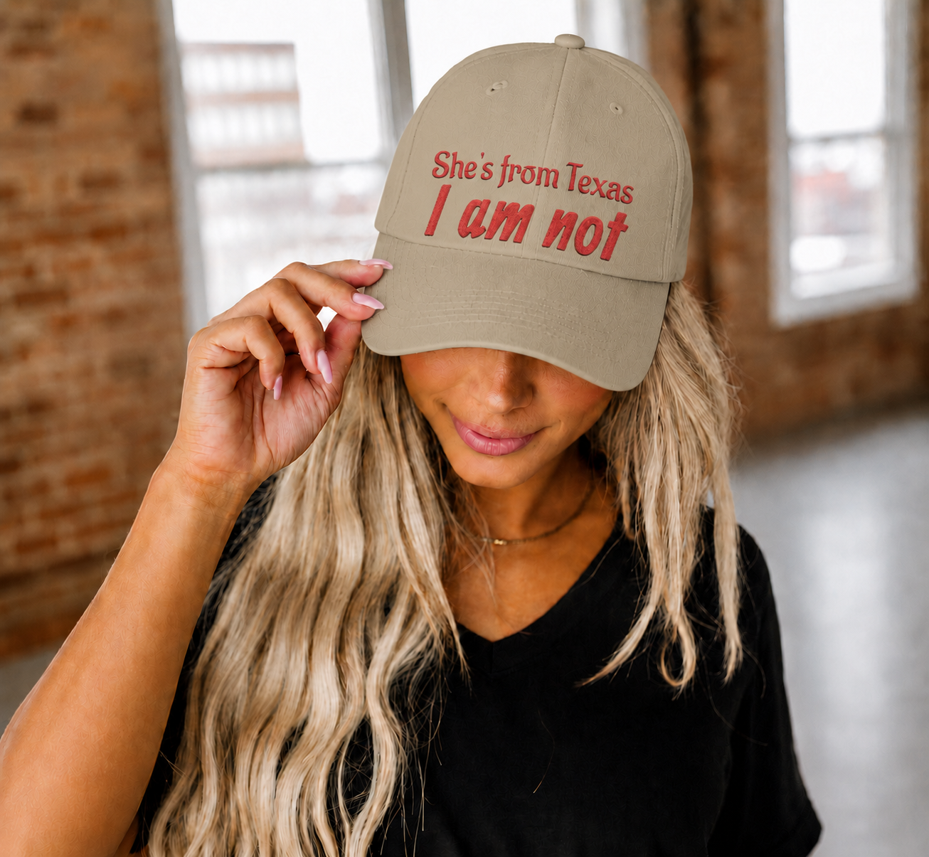 She's From Texas, I Am Not — Low Profile Embroidered Baseball Cap (Red)