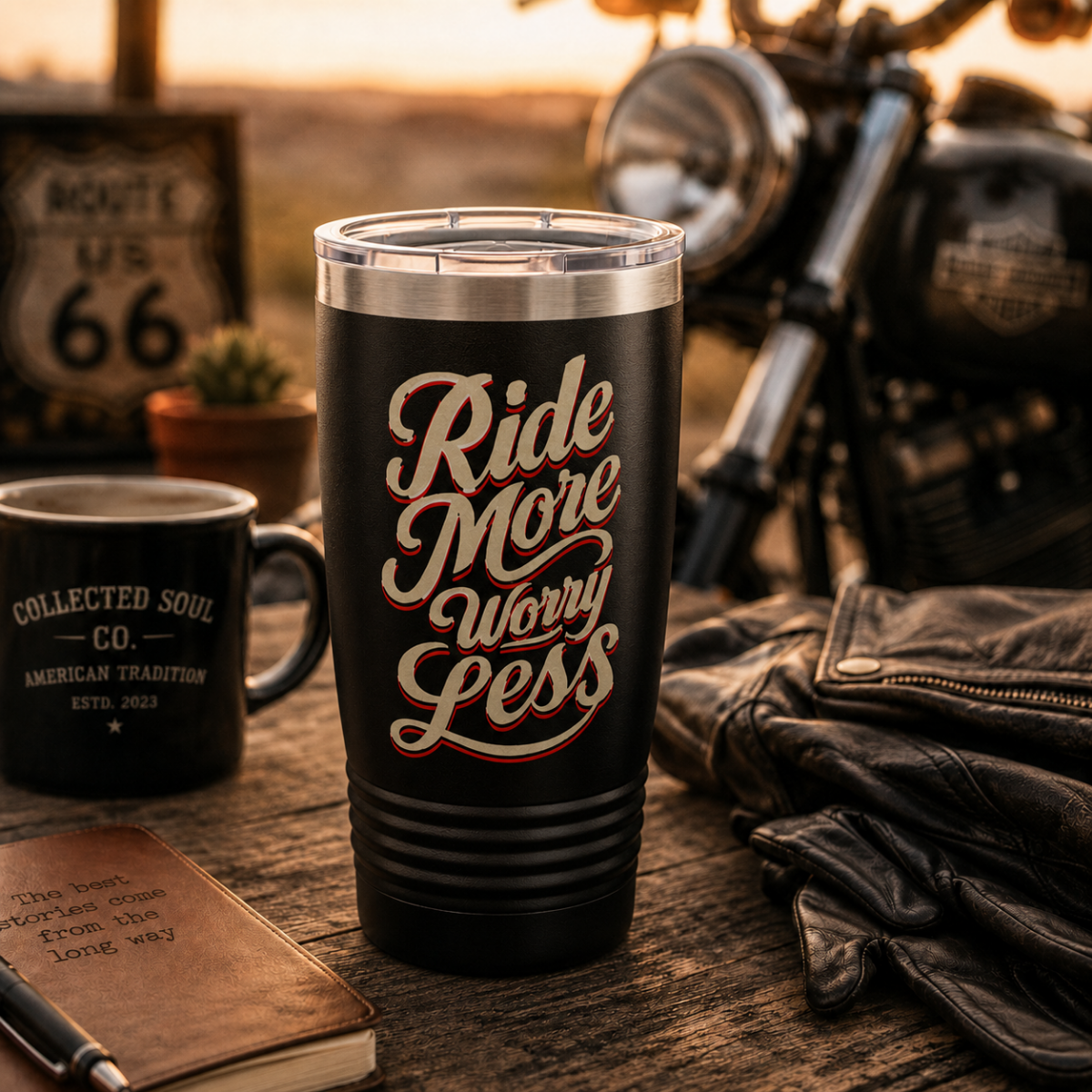 Ride More Worry Less 20oz Tumbler |  Insulated Travel Mug for Bikers & Outdoor Lovers