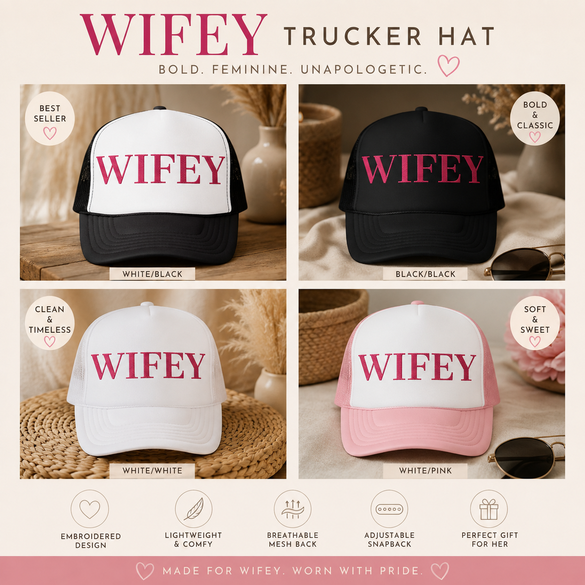 Wifey Foam Trucker Hat | Pink Embroirdered Text