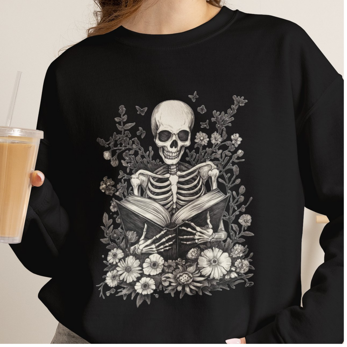 Skeleton Reading Sweatshirt — Gothic Floral Skull Crewneck