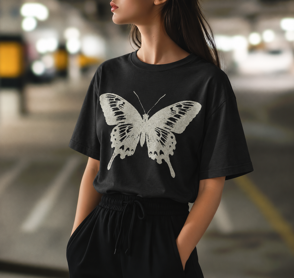 Butterfly Graphic Tee — Vintage Monochrome Moth T-Shirt for Women