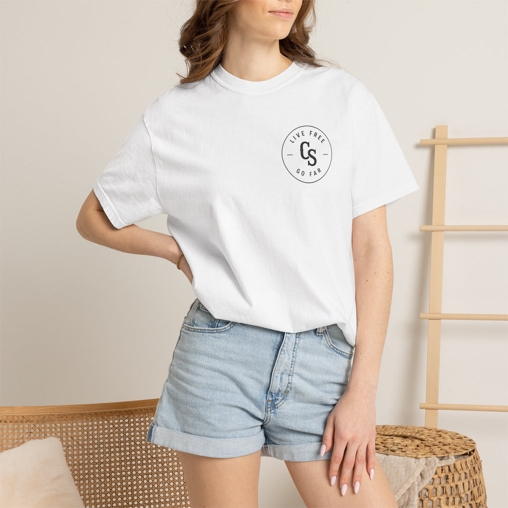 Live Free Go Far CS Logo T-Shirt | Circular Badge Chest & Back Print