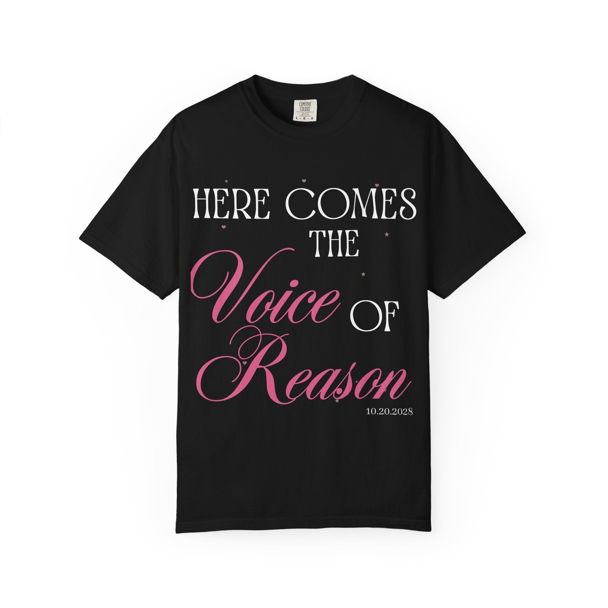 Voice Reason Script Tee — Feminine Script Graphic T-Shirt with Pink Heart