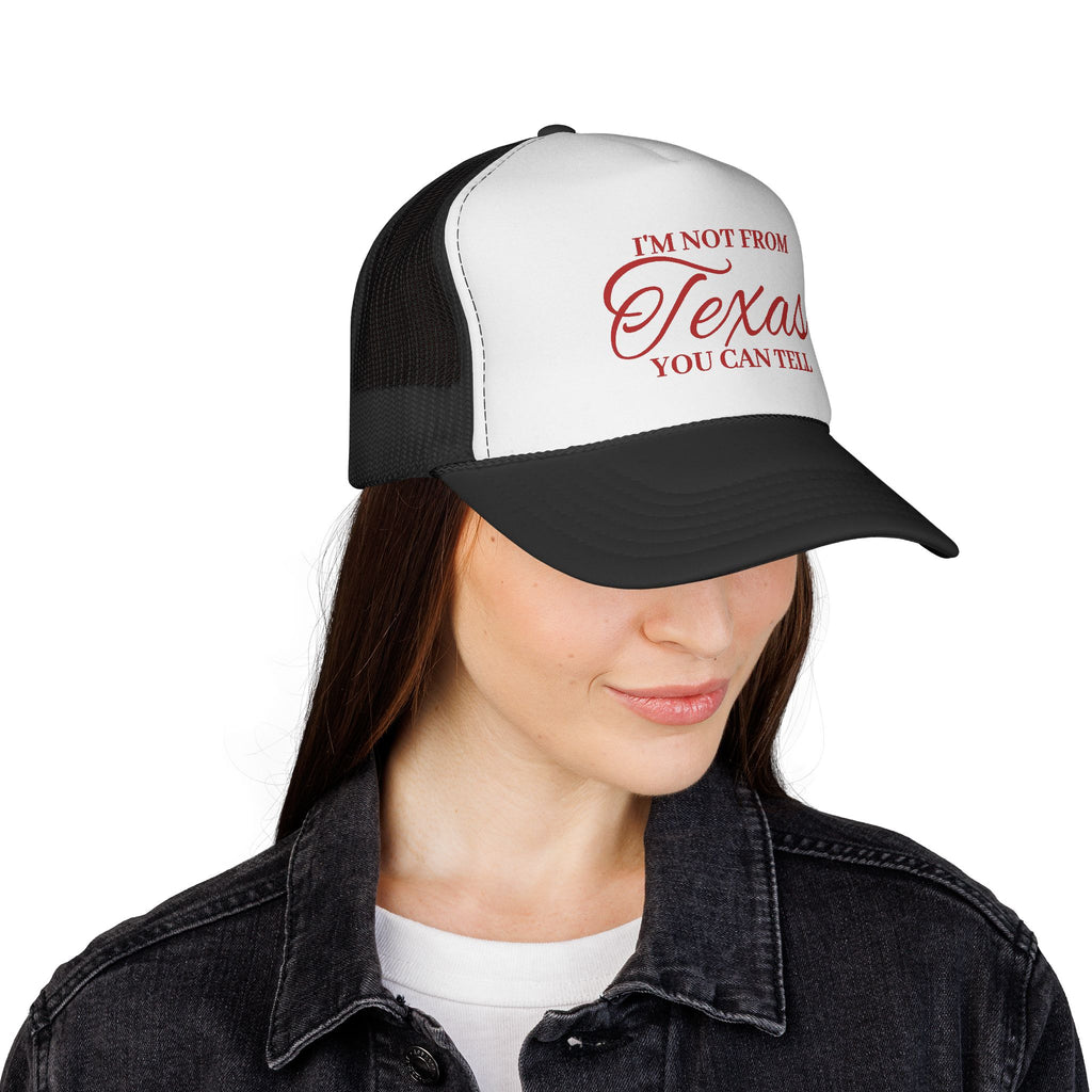 I'm Not From Texas Trucker Cap – Funny Red Script Mesh Hat