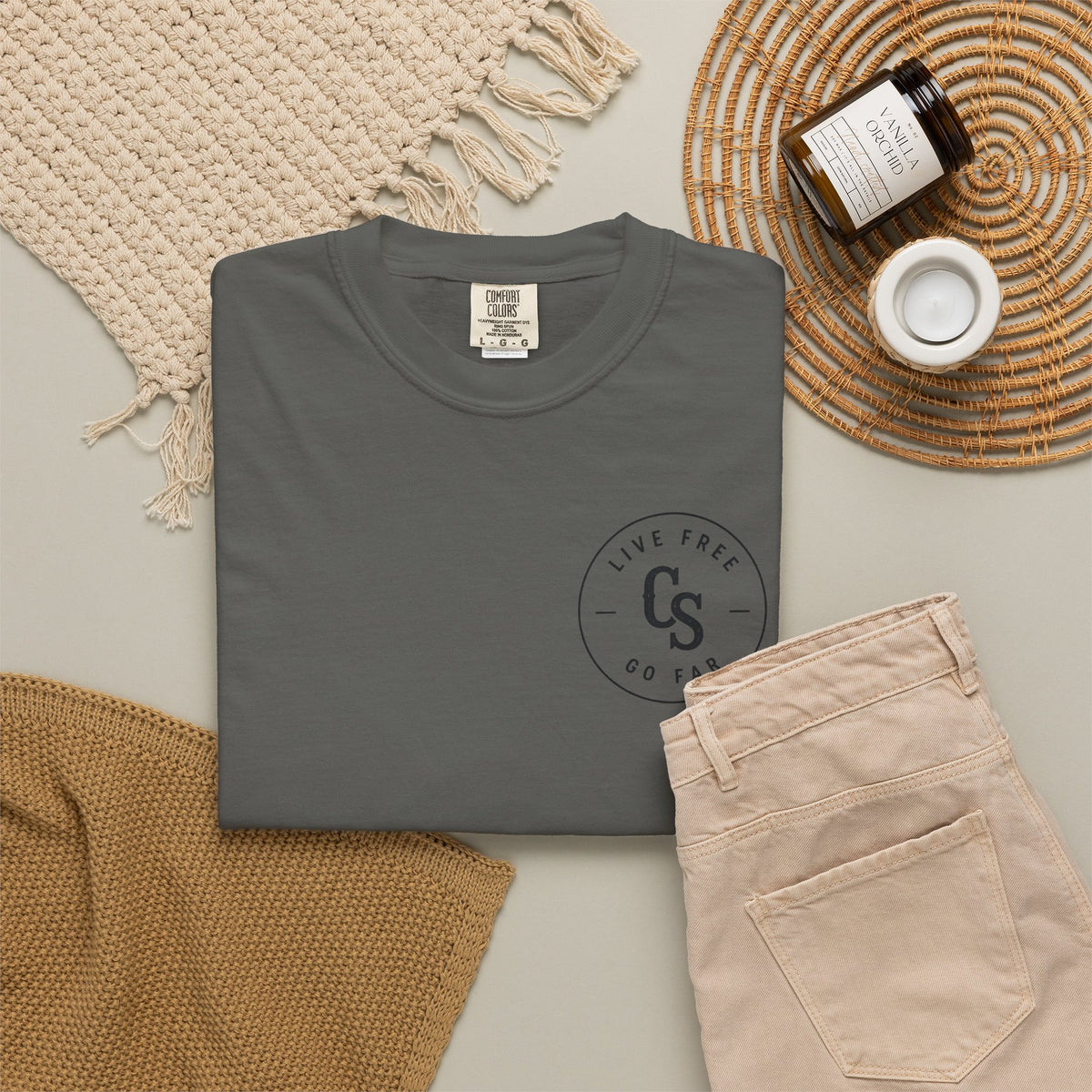 Live Free Go Far CS Logo T-Shirt | Circular Badge Chest & Back Print