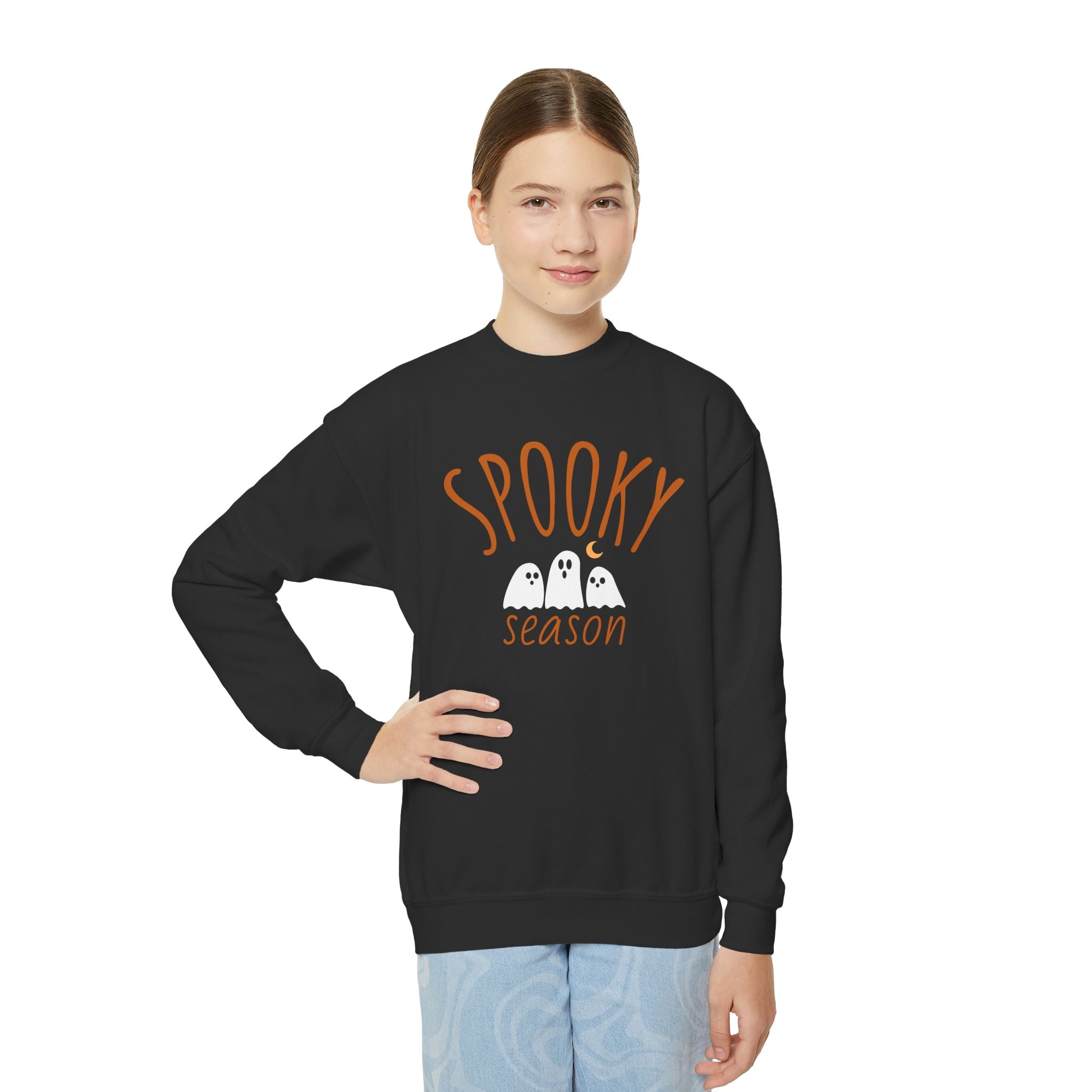 Spooky Season ghosts Youth Crewneck Sweatshirt | Halloween orange black