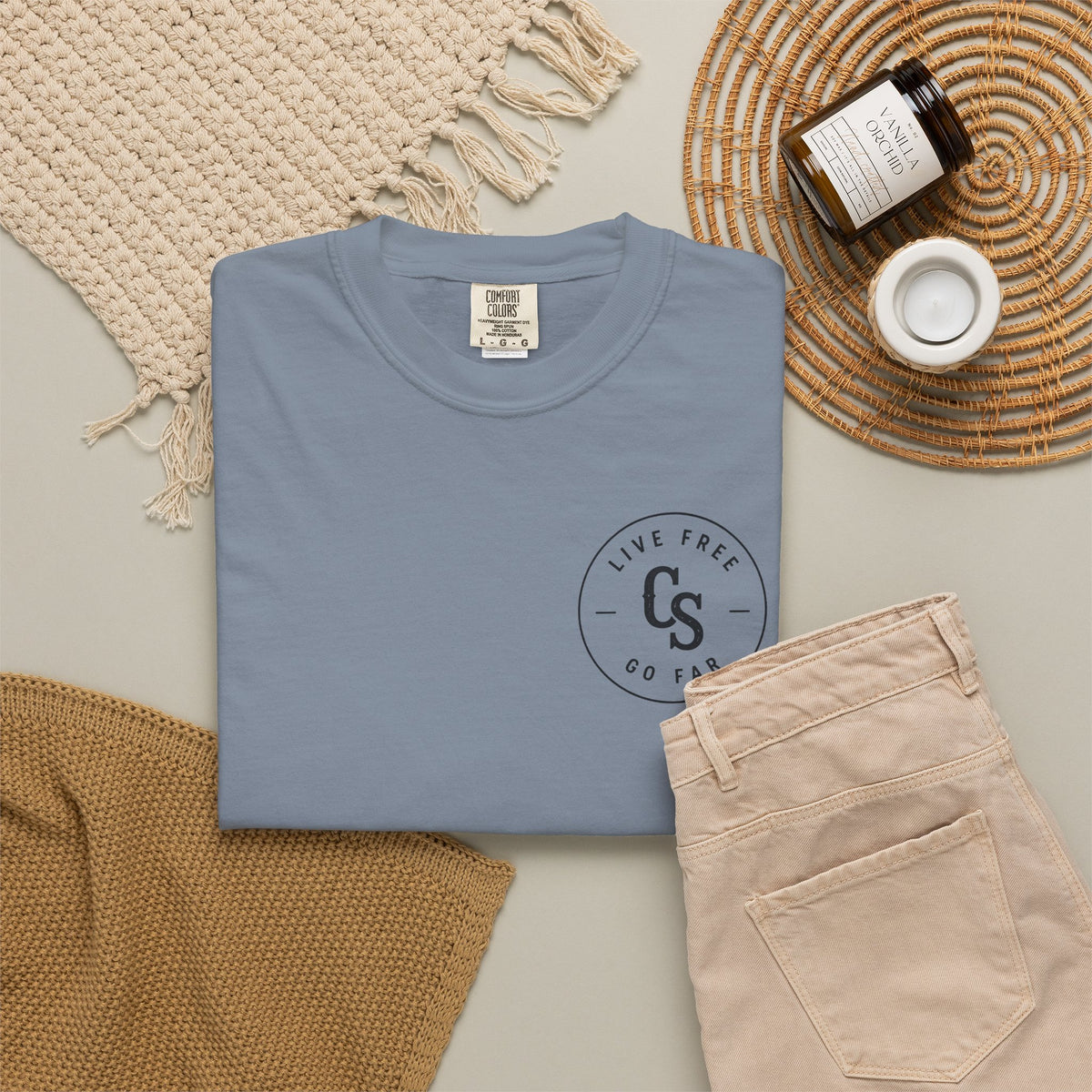 Live Free Go Far CS Logo T-Shirt | Circular Badge Chest & Back Print