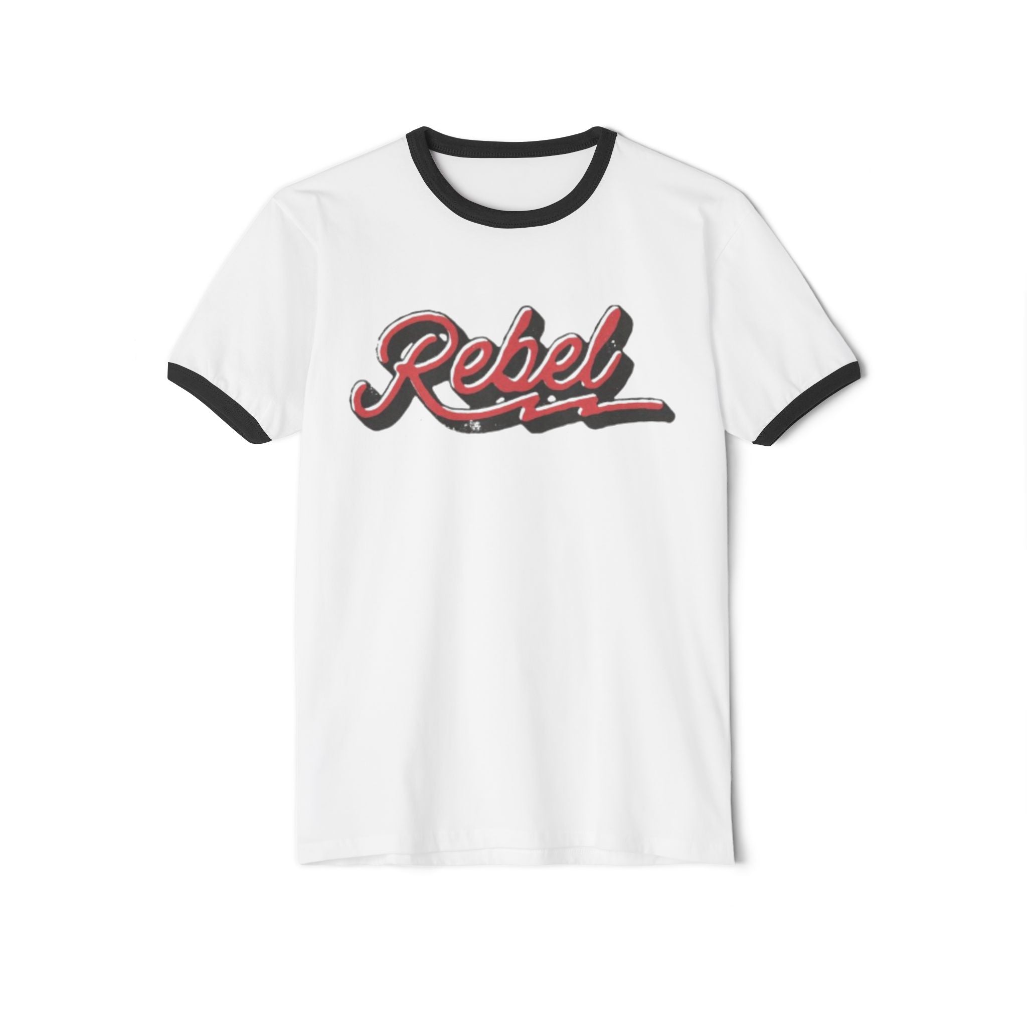 Rebel Retro Ringer Tee — Vintage Script Graphic T-Shirt