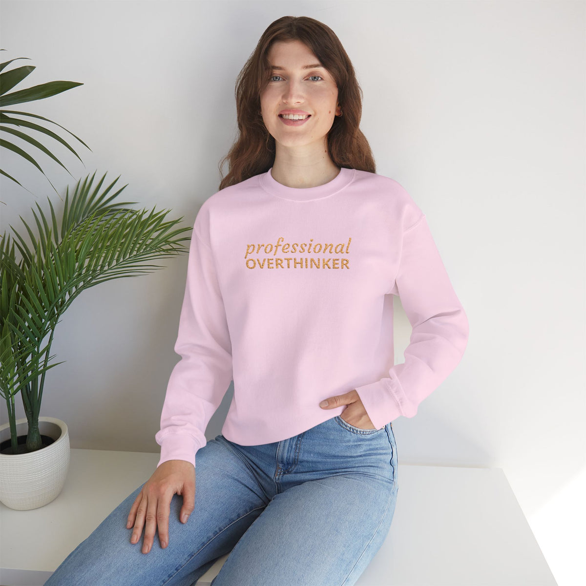 Professional Overthinker Embroidered Sweatshirt — Funny Crewneck Pullover for Thinkers