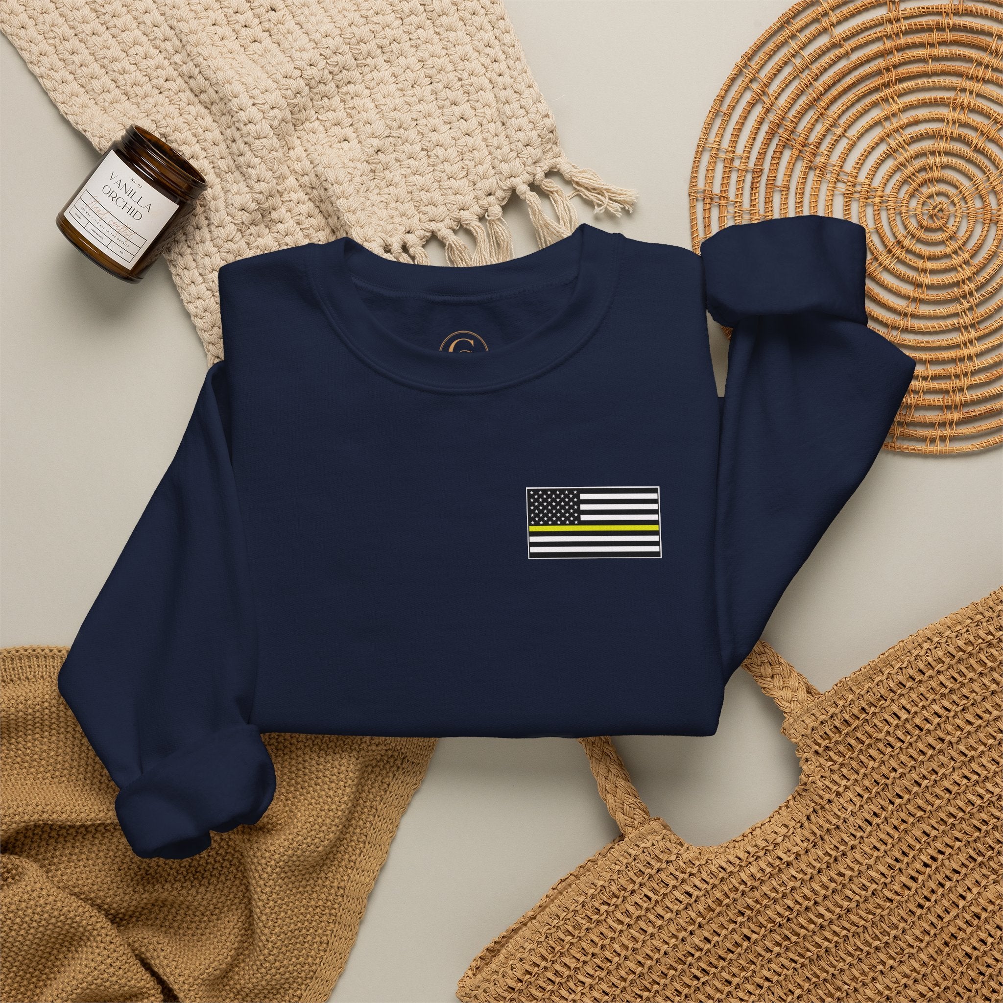 Crewneck Sweatshirt - Thin Yellow Line American Flag Design (Back & Chest)