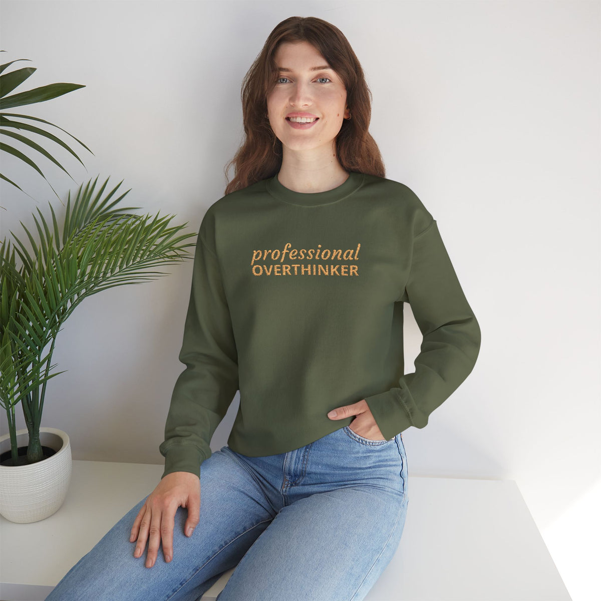 Professional Overthinker Embroidered Sweatshirt — Funny Crewneck Pullover for Thinkers