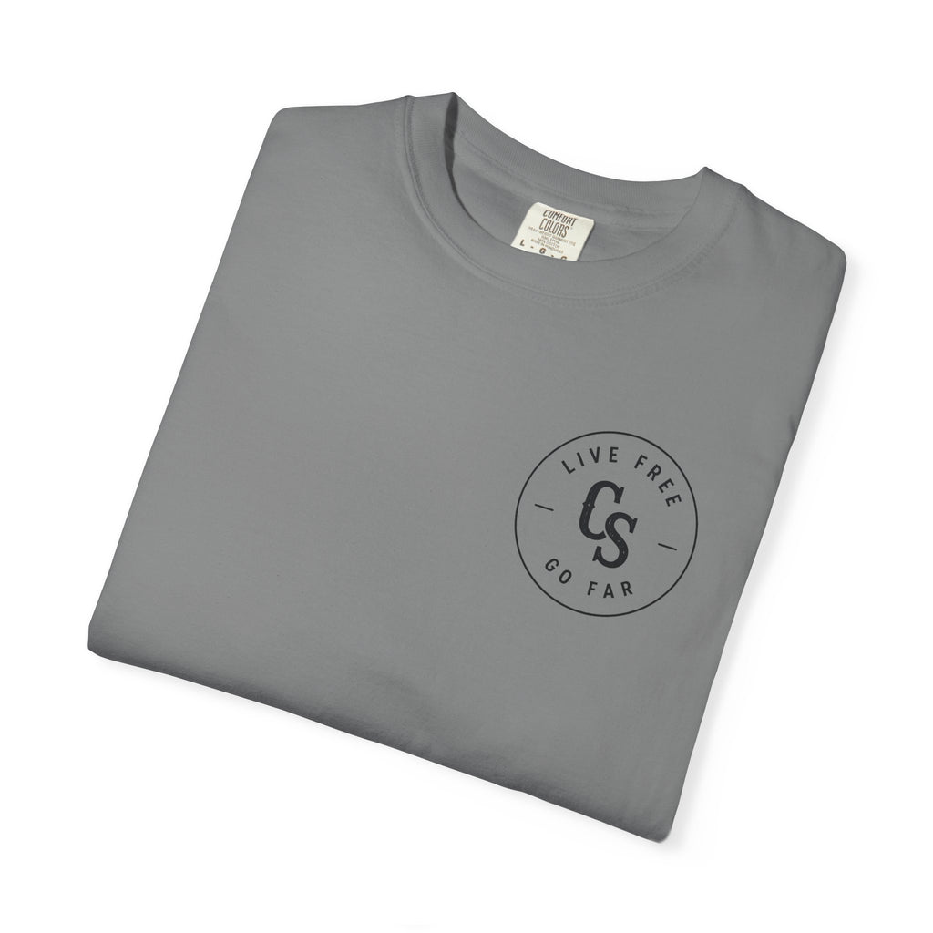Live Free Go Far CS Logo T-Shirt | Circular Badge Chest & Back Print
