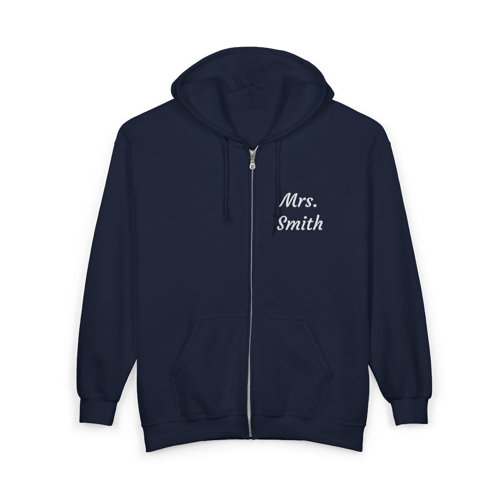 Personalized Mrs. Smith Embroidered Zip-Up Hoodie — Custom Teacher & Bride Gift