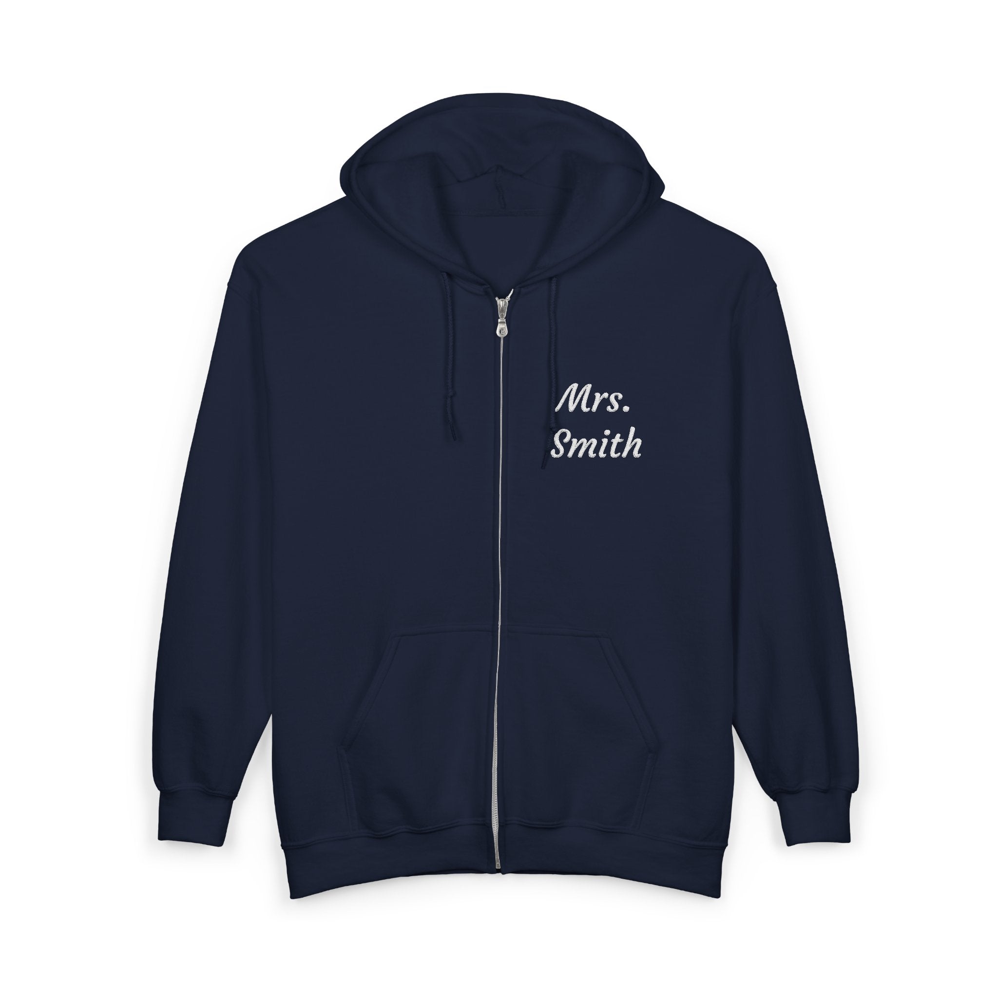 Personalized Mrs. Smith Embroidered Zip-Up Hoodie — Custom Teacher & Bride Gift