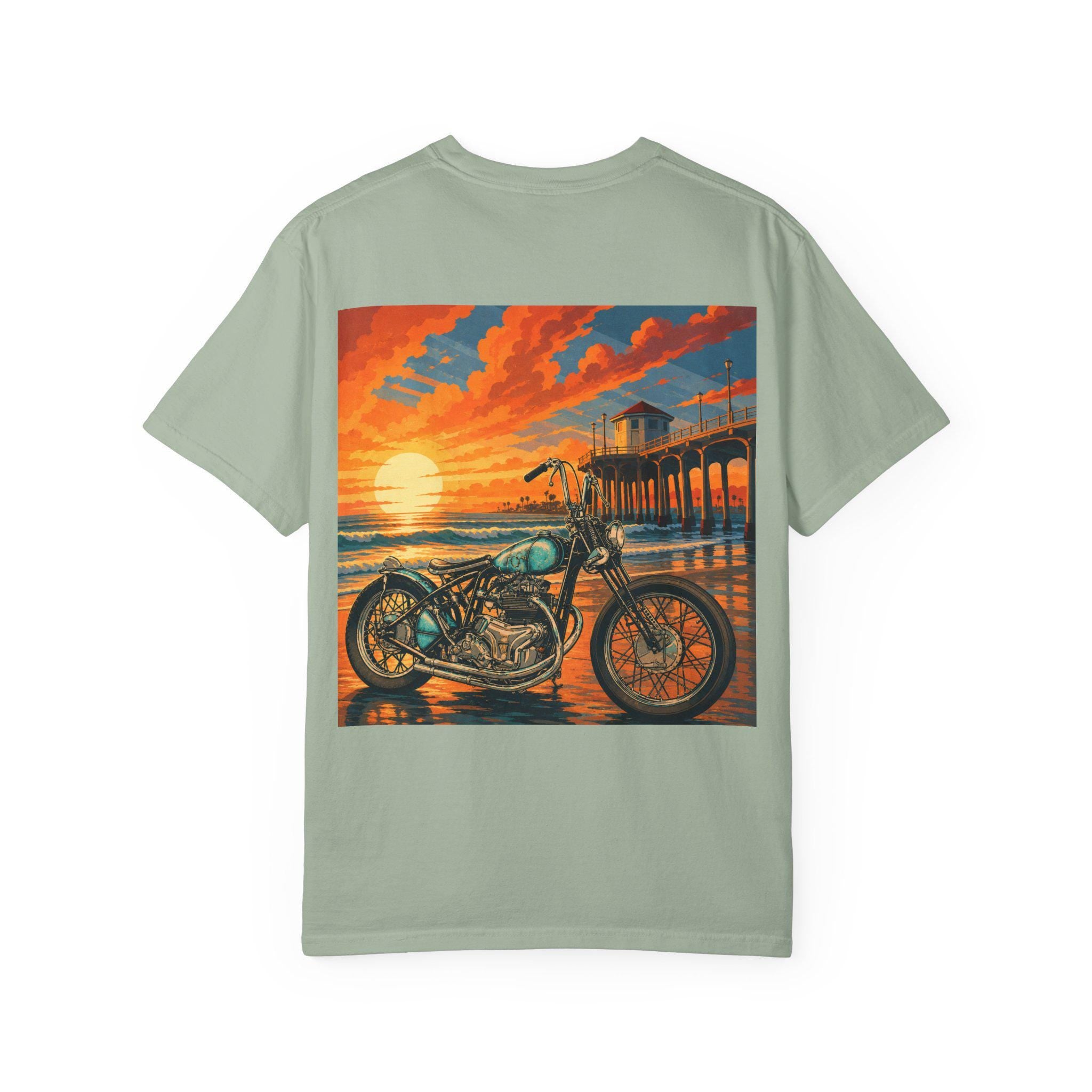 Sunset Beach Motorcycle T-Shirt | Pier Sunset Bike Graphic