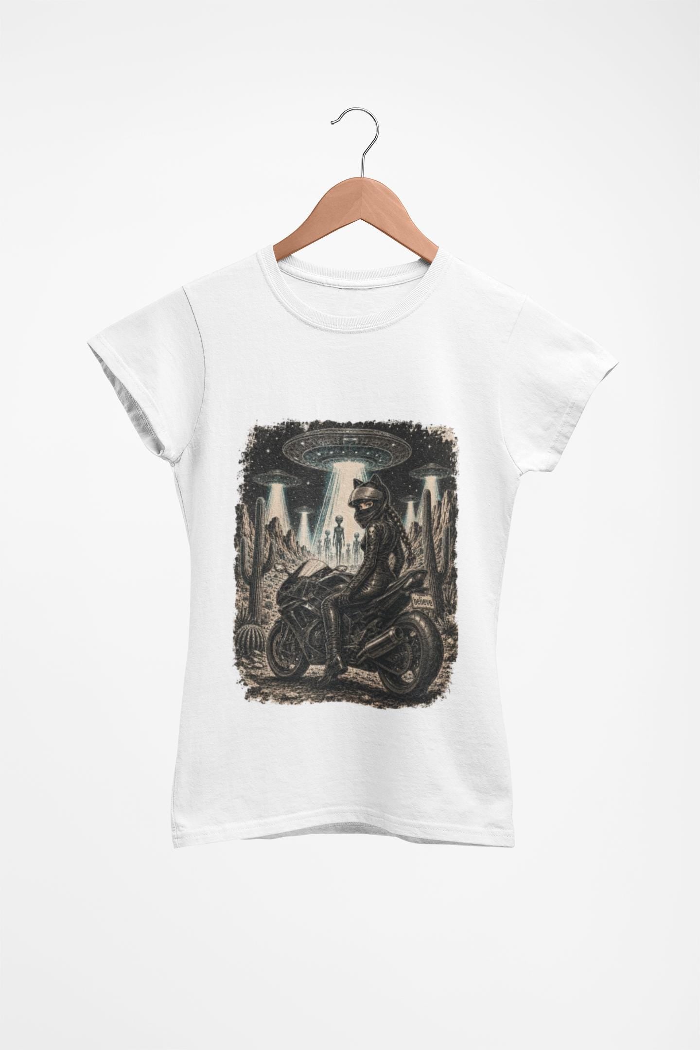 Stay Feral Motorcycle Shirt, Alien UFO Desert Rider Graphic Tee