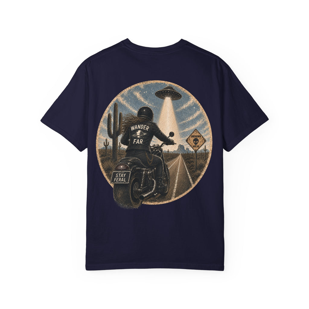 Alien Abduction Motorcycle T‑Shirt — Sci‑Fi Desert Rider Tee